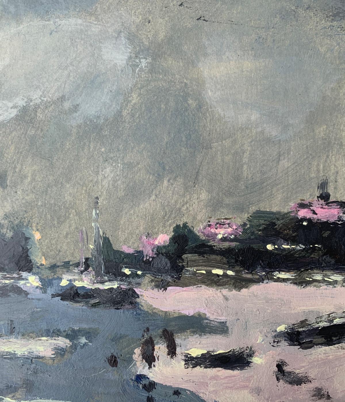 Nocturna. Óleo sobre cartón, Figurativo, Paisaje, Arte polaco - Figurative Painting Gris de Magdalena Spasowicz