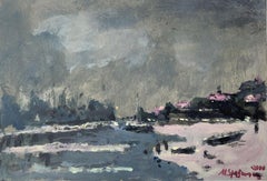 Nocturn. Oil on cardboard, Figurative, Landscape, Polish art