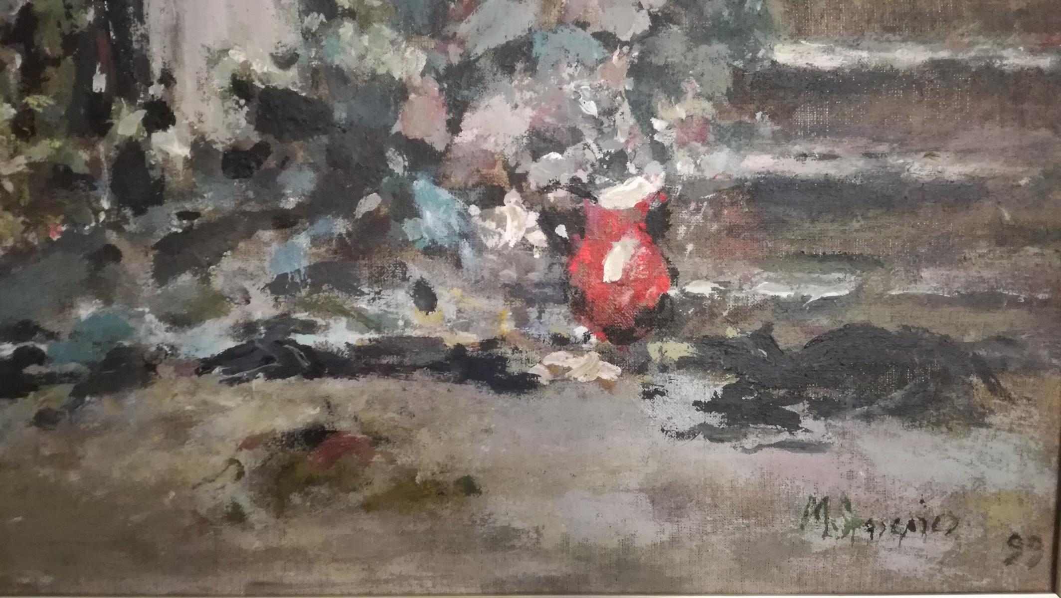 Zwei Stühle. Roses - Öl auf Leinwand, figürliche Landschaft, Impressionismus, gedämpfte Farben – Painting von Magdalena Spasowicz