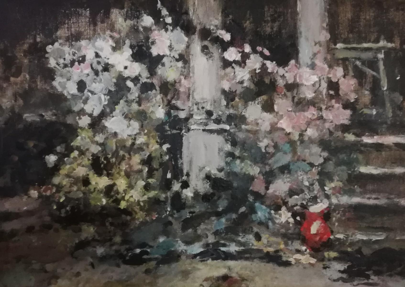 Zwei Stühle. Roses - Öl auf Leinwand, figürliche Landschaft, Impressionismus, gedämpfte Farben (Sonstige Kunststile), Painting, von Magdalena Spasowicz