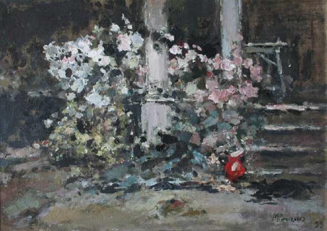 Stairs. Roses - Oil on canvas, Figurative Landscape, Impressionism, Muted colors