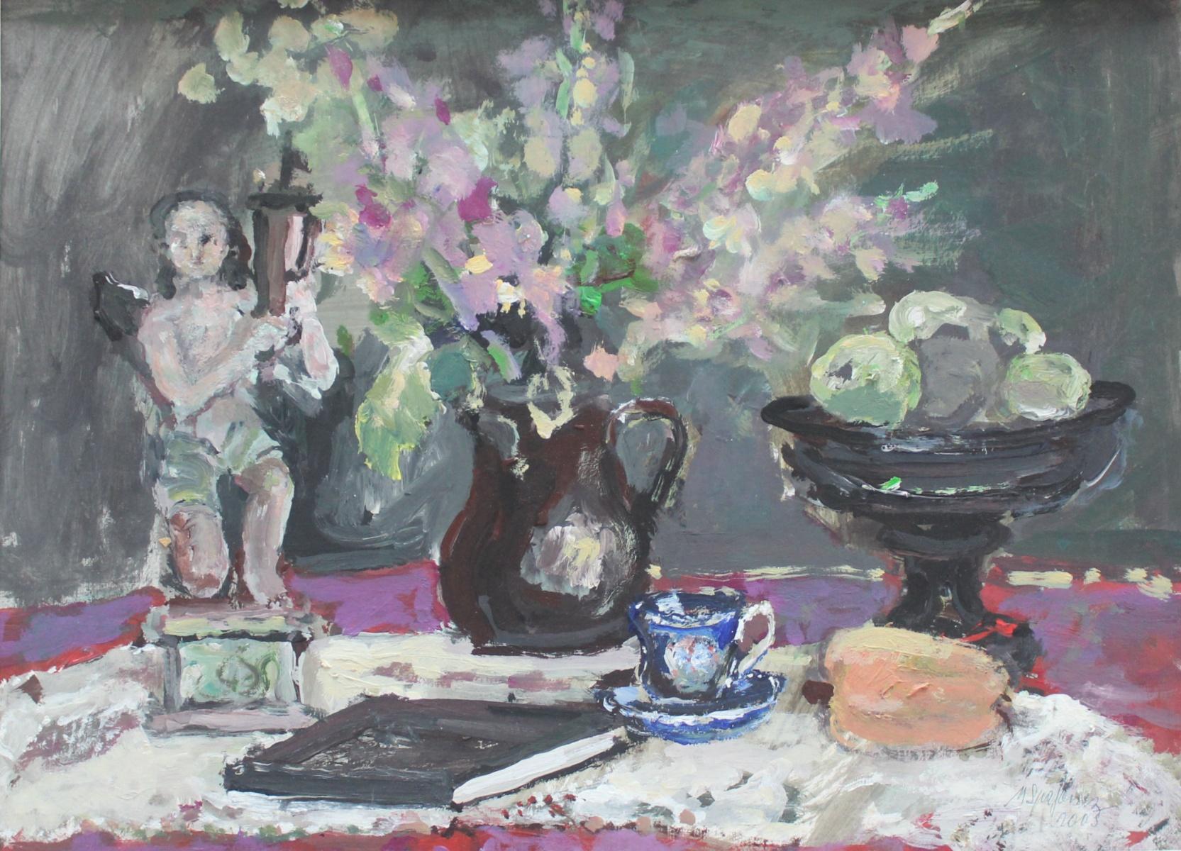 Bodegón con figurita - Siglo XXI, Pintura al óleo, Figurativo, Tonos grises
