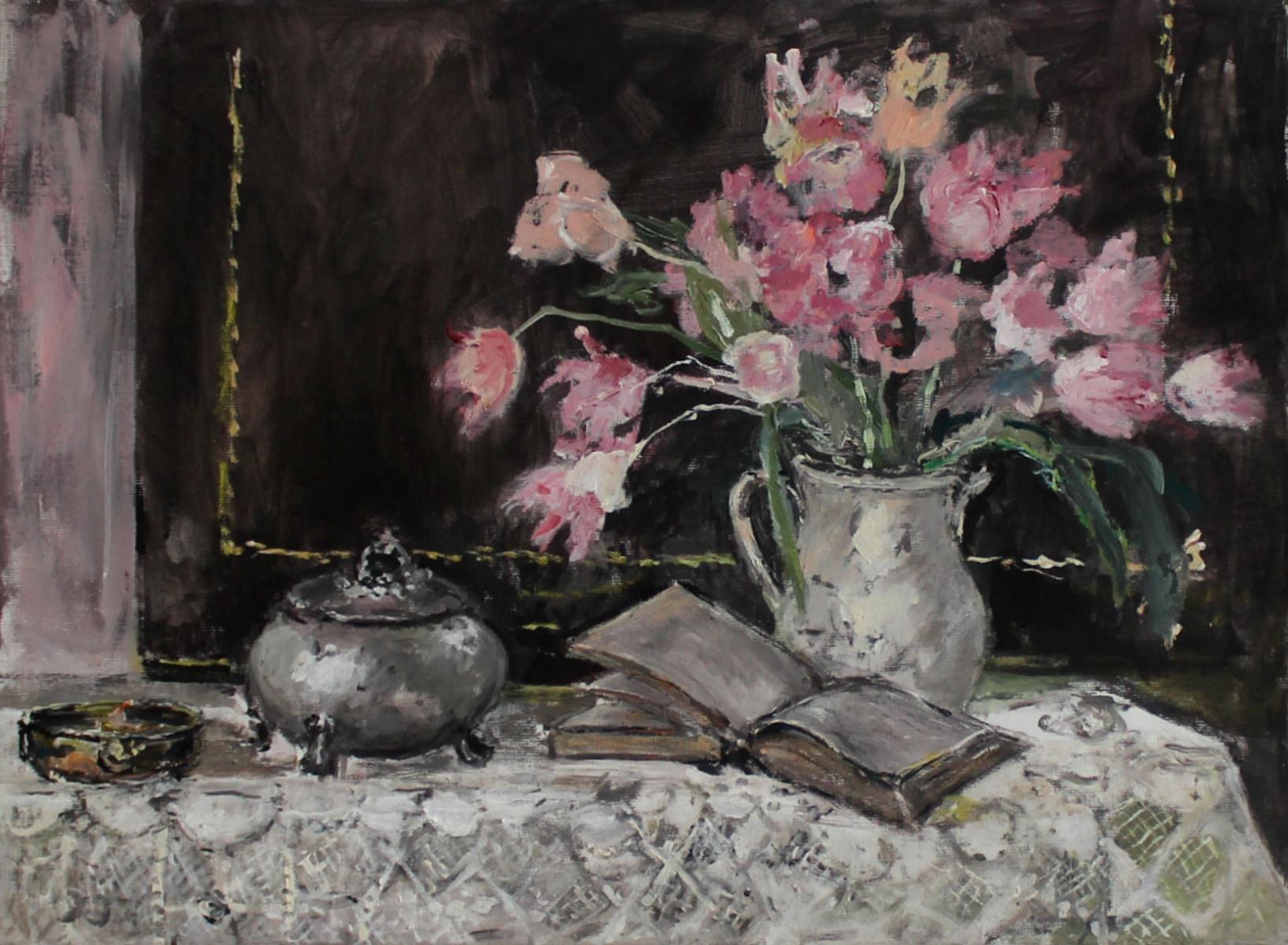 Still life with a sugar bowl - XXI century, Oil painting, Figurative, Grey tones