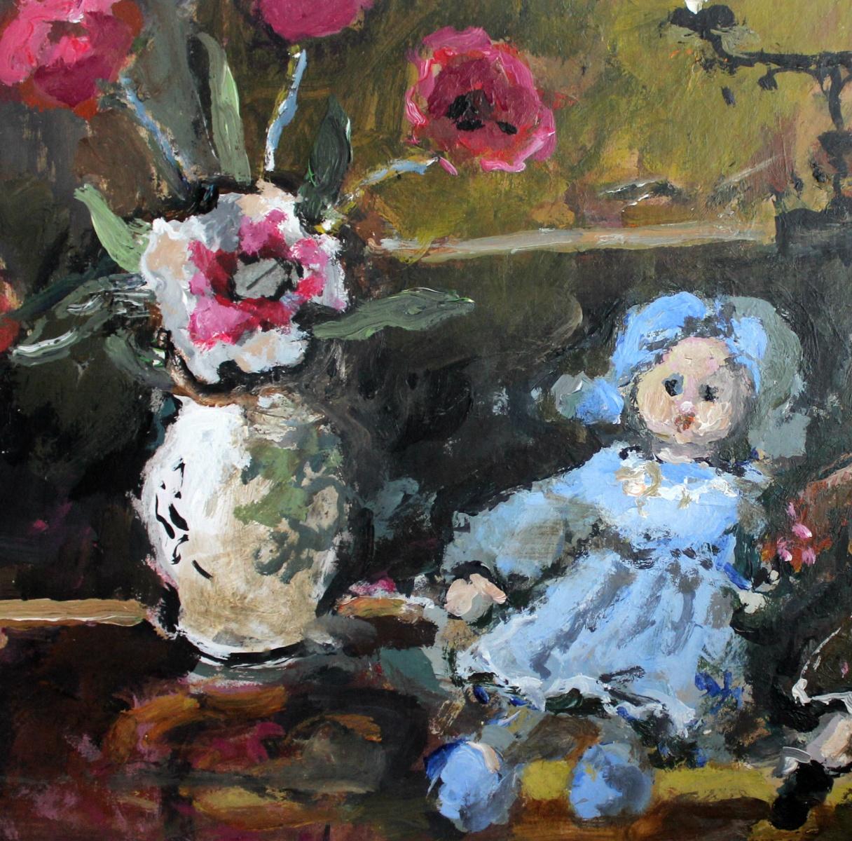 Nature morte avec poupées - 21e siècle, peinture à l'huile, figurative, tons gris - Painting de Magdalena Spasowicz