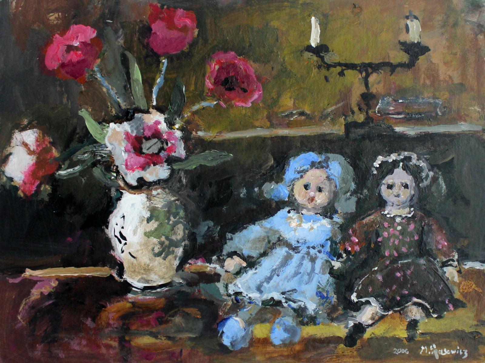 Still life with dolls - 21st century, Oil painting, Figurative, Grey tones