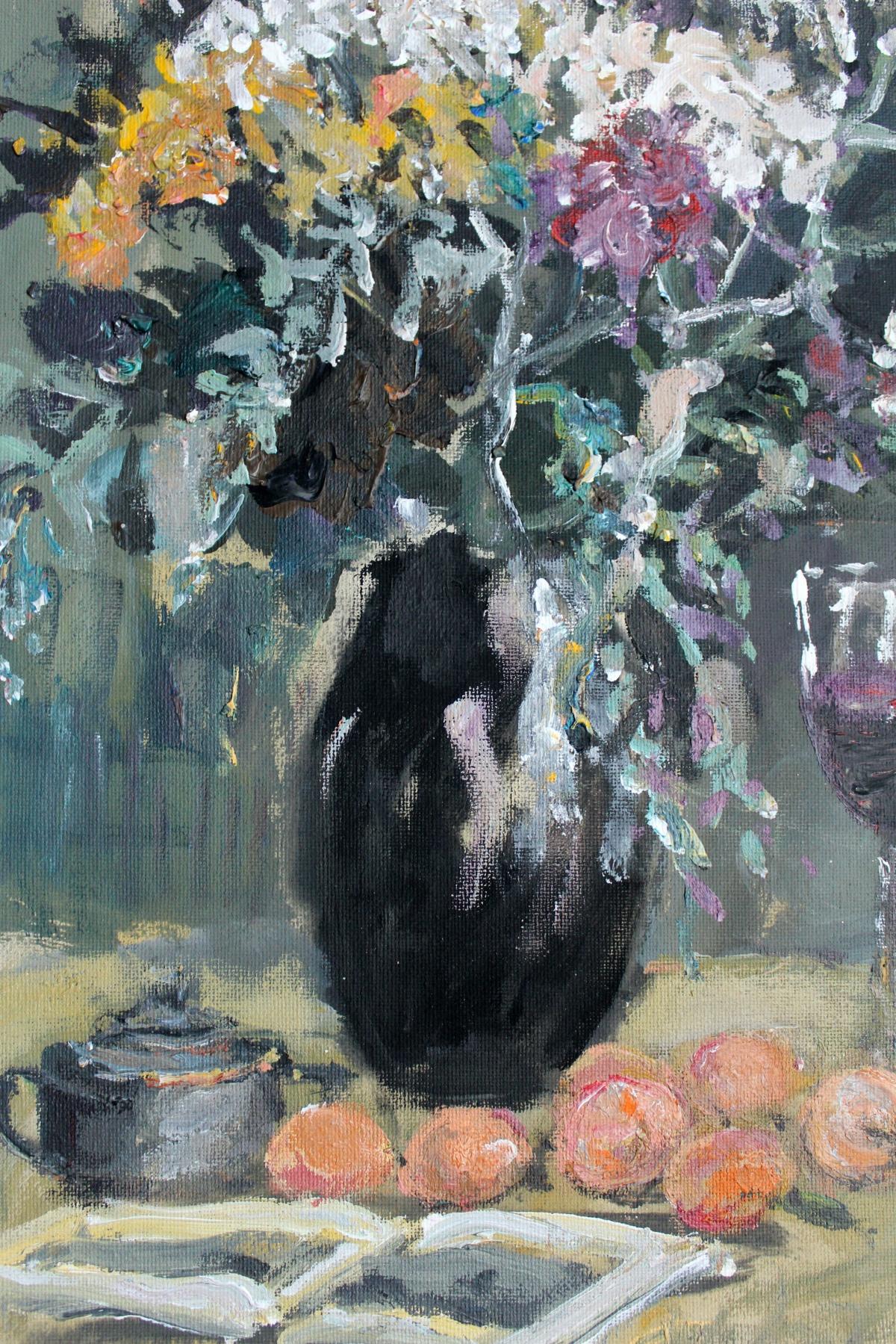 Nature morte - XXIe siècle, peinture à l'huile, motif figuratif, tons gris - Post-impressionnisme Painting par Magdalena Spasowicz