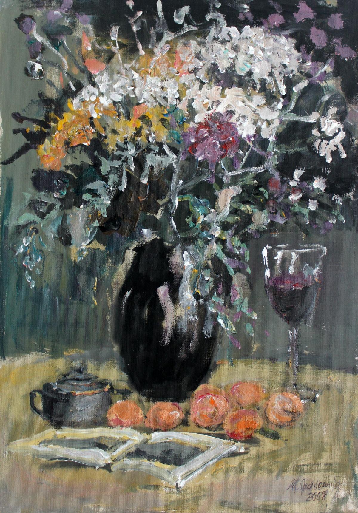 Nature morte - XXIe siècle, peinture à l'huile, motif figuratif, tons gris