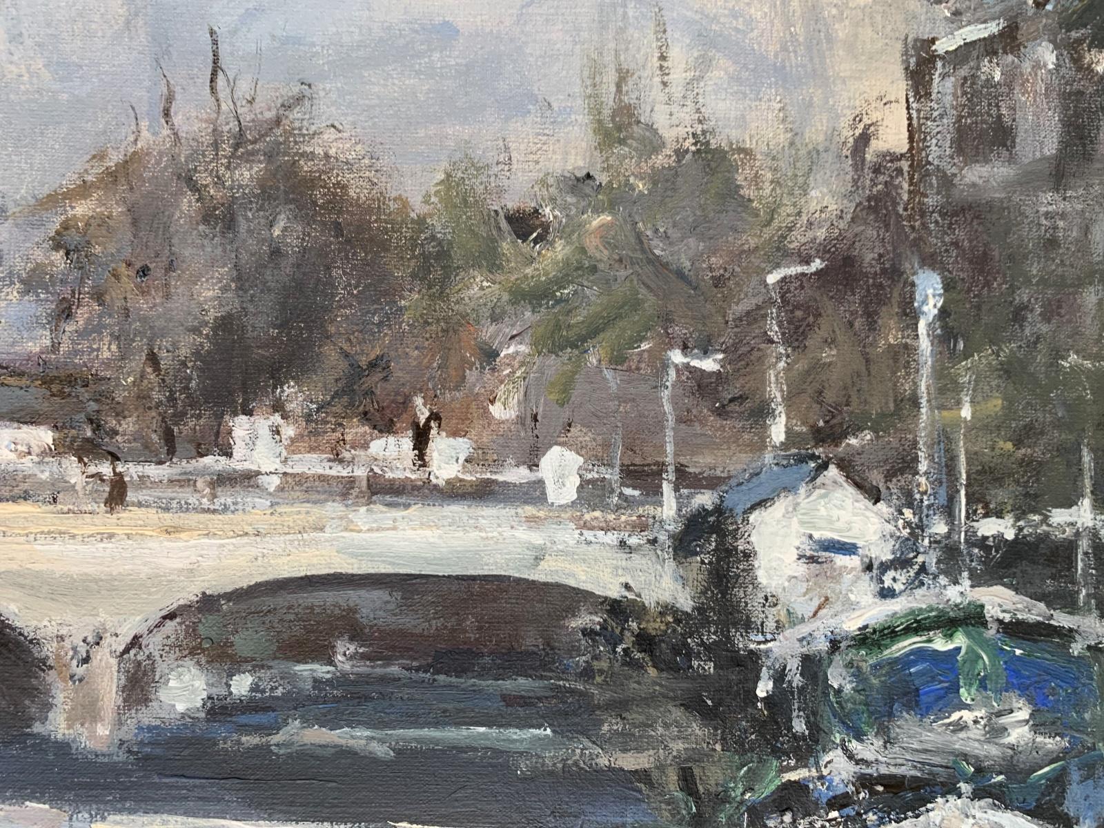 Strasburg. Óleo sobre cartón, Figurativo, Arquitectura, Arte polaco - Landscape Painting Gris de Magdalena Spasowicz