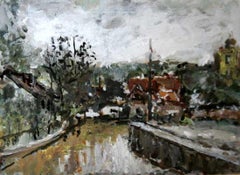 Suburban view - XXI century, Oil on cardboard, Figurative, Landscape