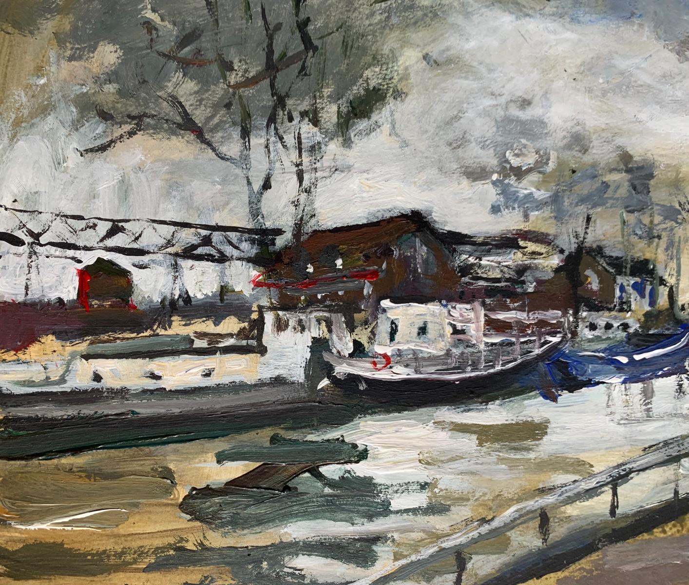 Paysage figuratif du 21e siècle peint à l'huile sur toile par l'artiste polonaise Magdalena Spasowicz. L'œuvre d'art est de style classique, elle ressemble à l'impressionnisme. Les paysages marins, les bateaux, les ports sont des motifs de l'art de