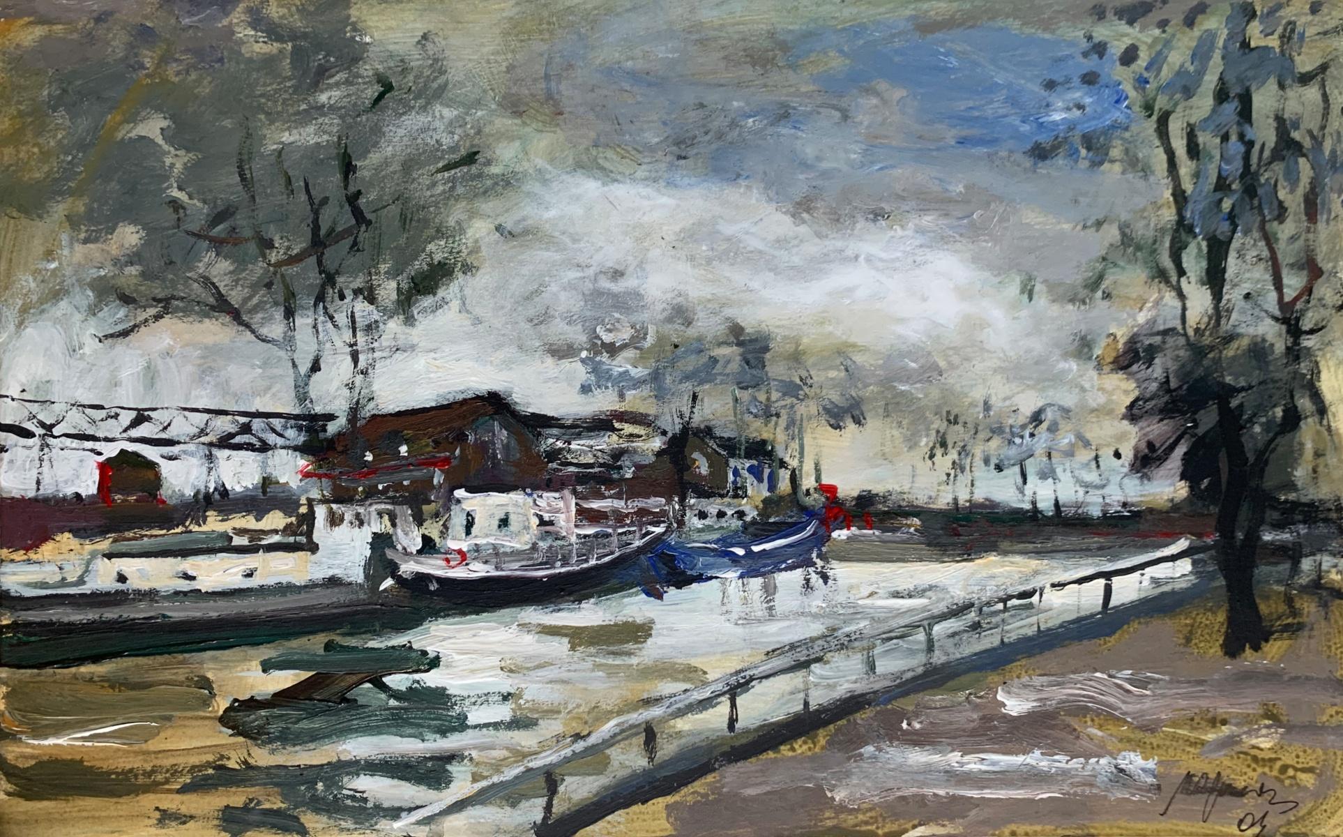 The boats. Oil on cardboard, Figurative, Landscape, Marine, Polish artist