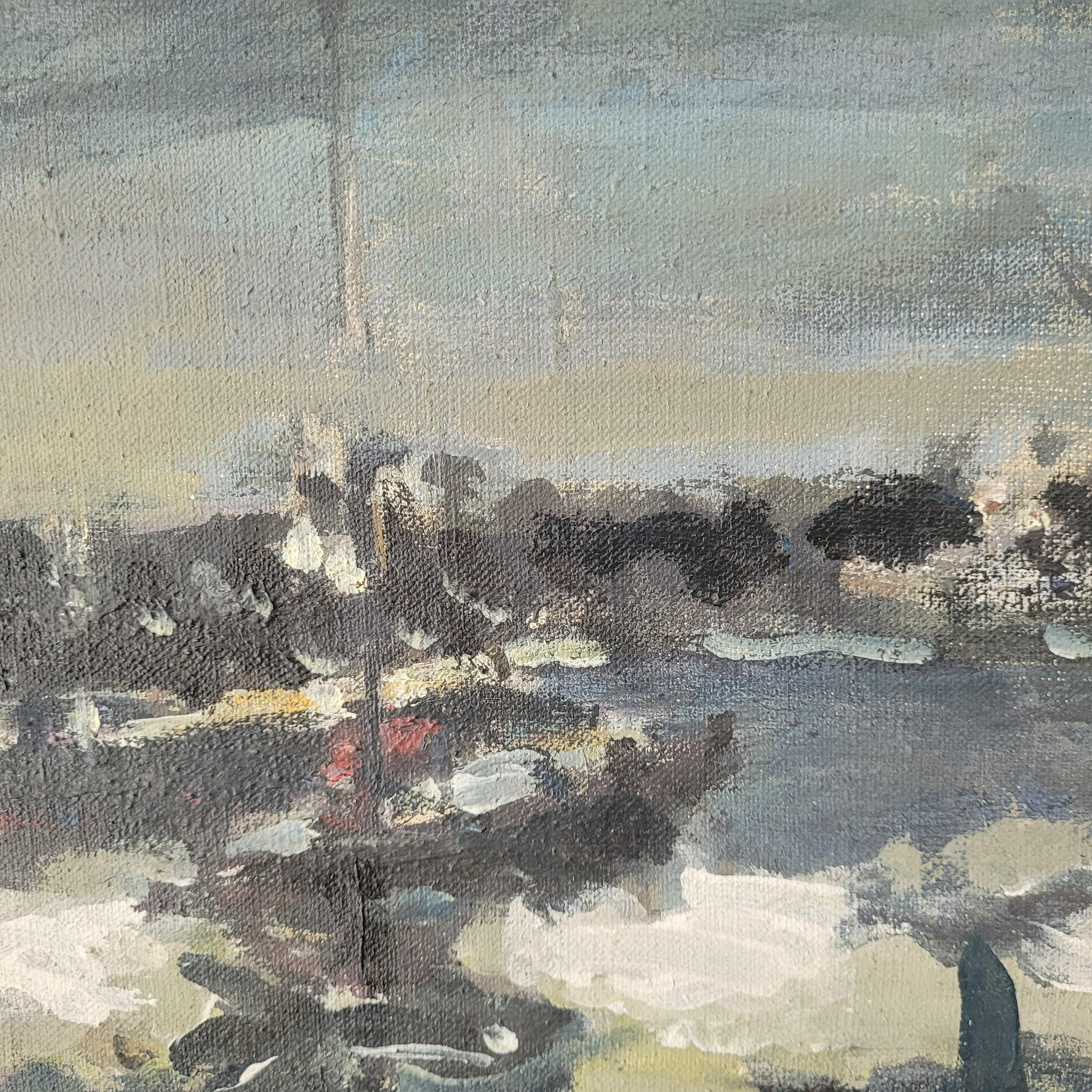 Paysage figuratif du 20e siècle peint à l'huile sur toile par l'artiste polonaise Magdalena Spasowicz. L'œuvre d'art est de style classique, elle ressemble à l'impressionnisme. Les paysages marins, les bateaux, les ports sont des motifs de l'art de