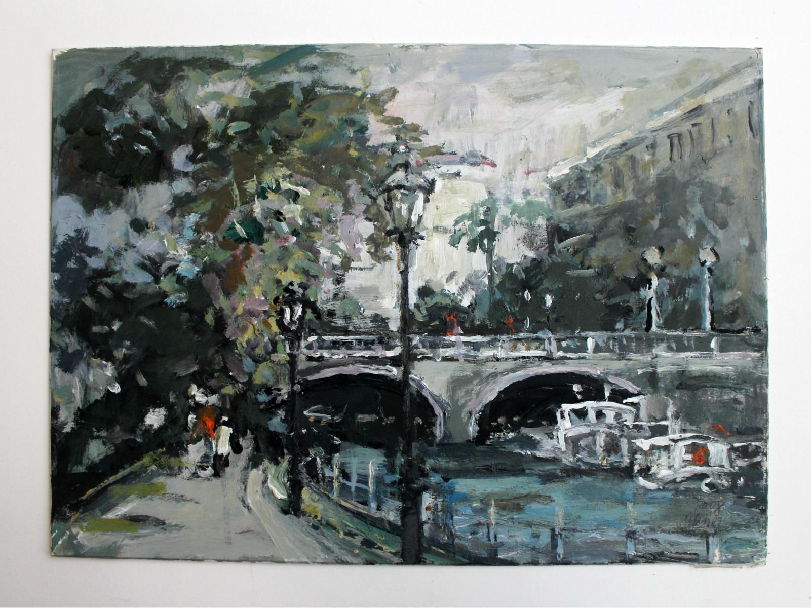 View with a bridge - XXI century, Oil on cardboard, Figurative, Landscape - Painting by Magdalena Spasowicz