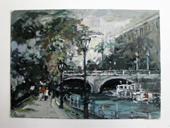 Vista con un puente - Siglo XXI, Óleo sobre cartón, Figurativo, Paisaje