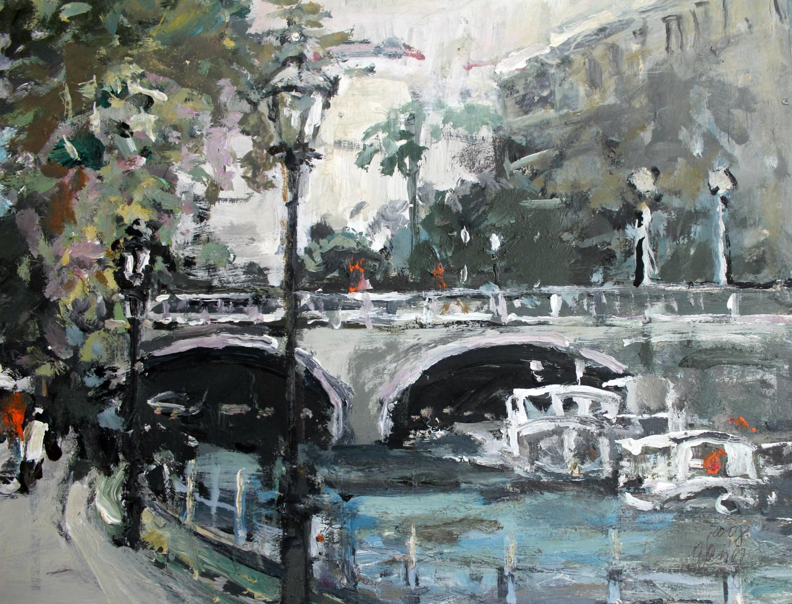 View with a Bridge – Ansicht mit einer Brücke – 21. Jahrhundert, Öl auf Karton, figurativ, Landschaft (Sonstige Kunststile), Painting, von Magdalena Spasowicz