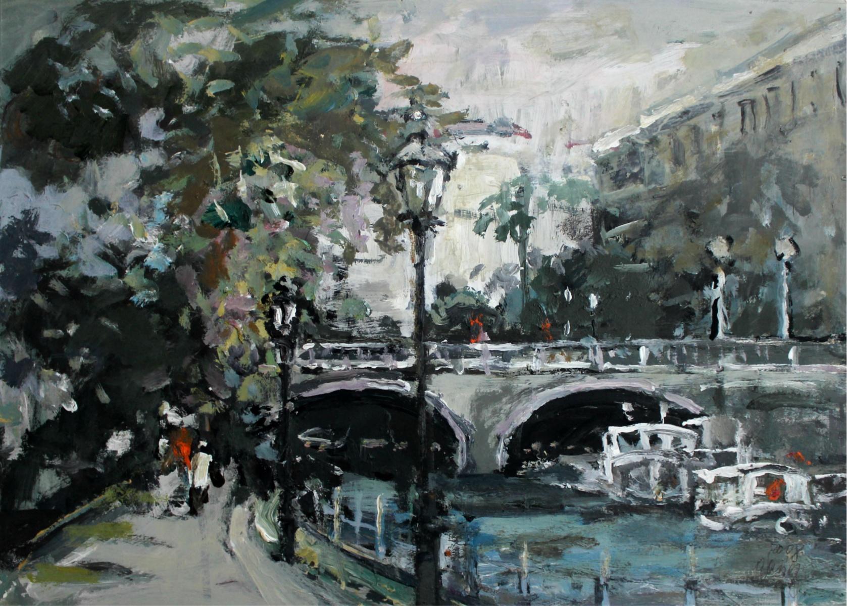 Magdalena Spasowicz Landscape Painting – View with a Bridge – Ansicht mit einer Brücke – 21. Jahrhundert, Öl auf Karton, figurativ, Landschaft