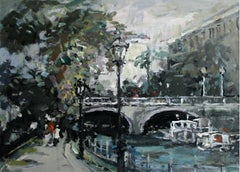 View with a bridge - XXI century, Oil on cardboard, Figurative, Landscape