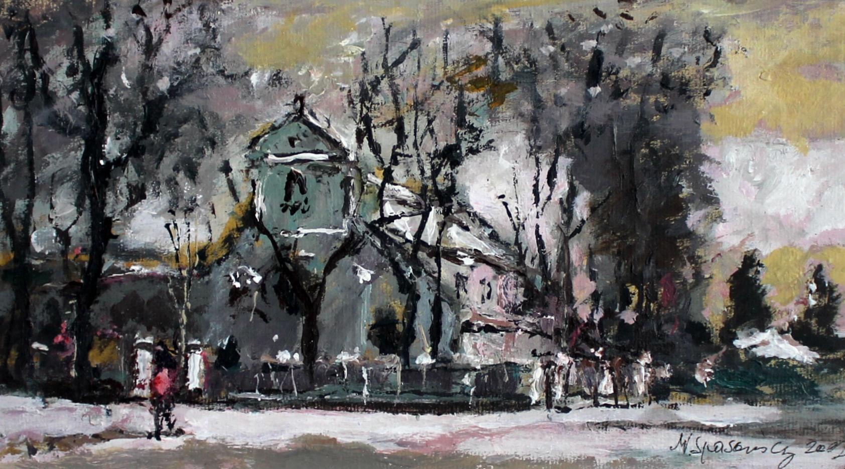 Magdalena Spasowicz Landscape Painting - View with a church - XXI century, Oil on canvas, Figurative, Landscape