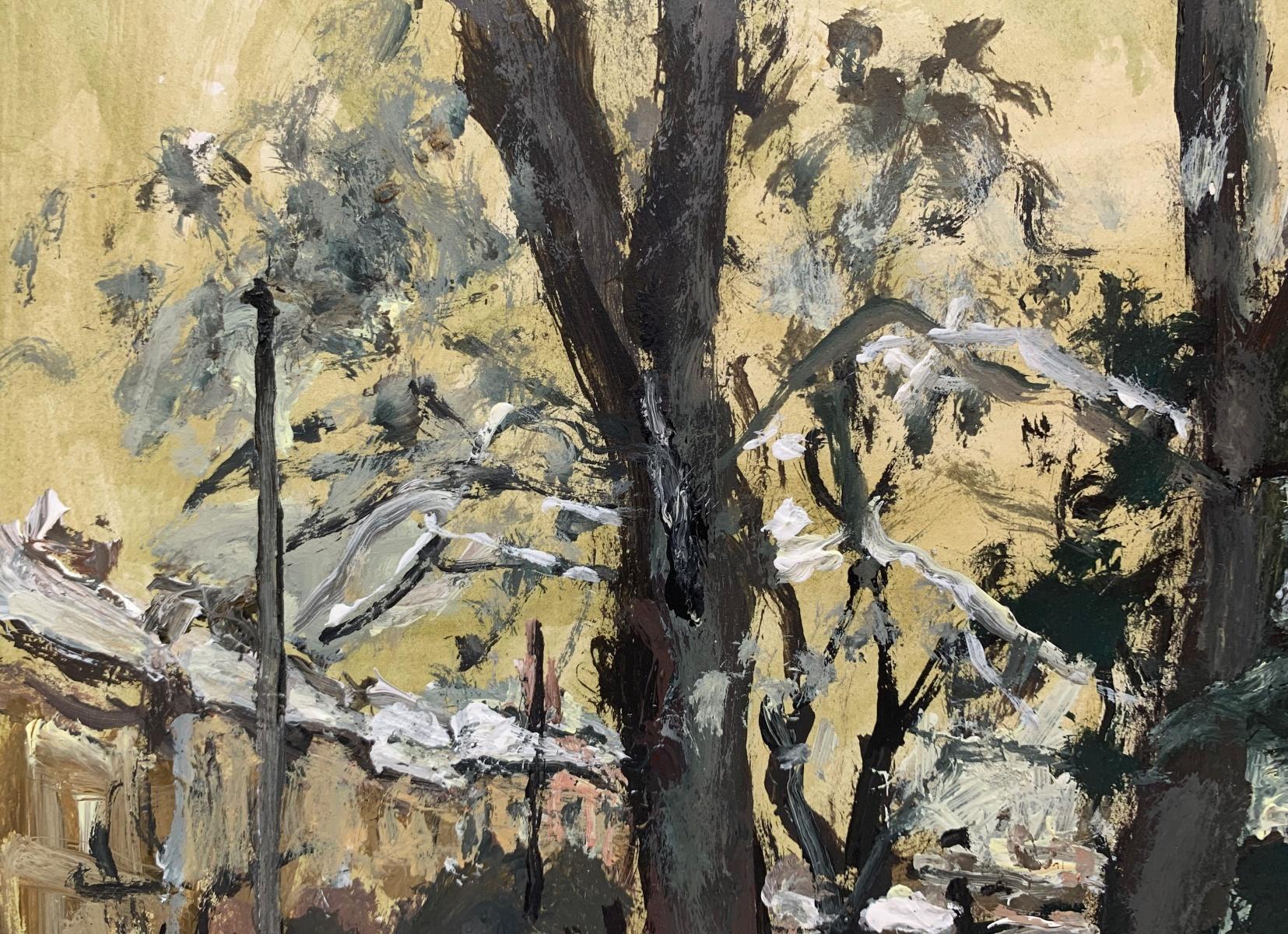 Paisaje figurativo del siglo XX pintado al óleo sobre cartón por la artista polaca Magdalena Spasowicz. La obra de arte es de estilo clásico, se parece al impresionismo. La composición está pintada con amplias pinceladas. Los colores son apagados