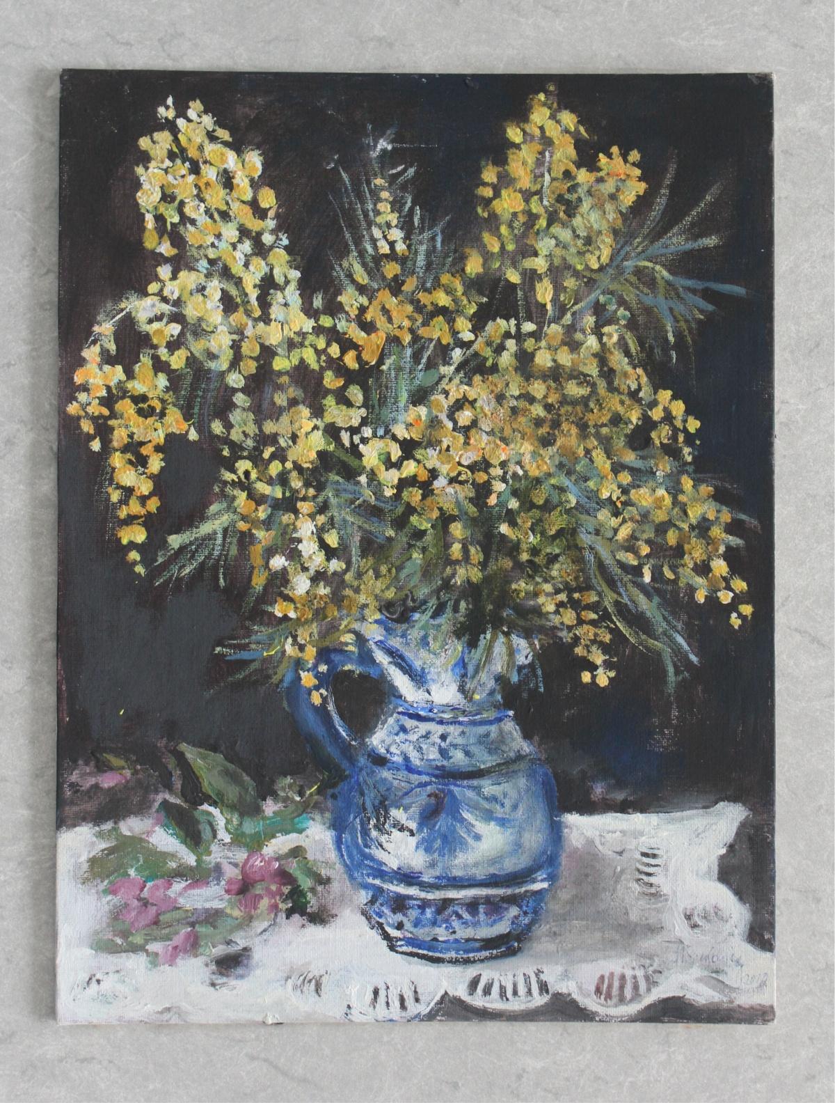 Yellow flowers - XXI century, Oil painting, Figurative, Grey tones, Still life - Painting by Magdalena Spasowicz
