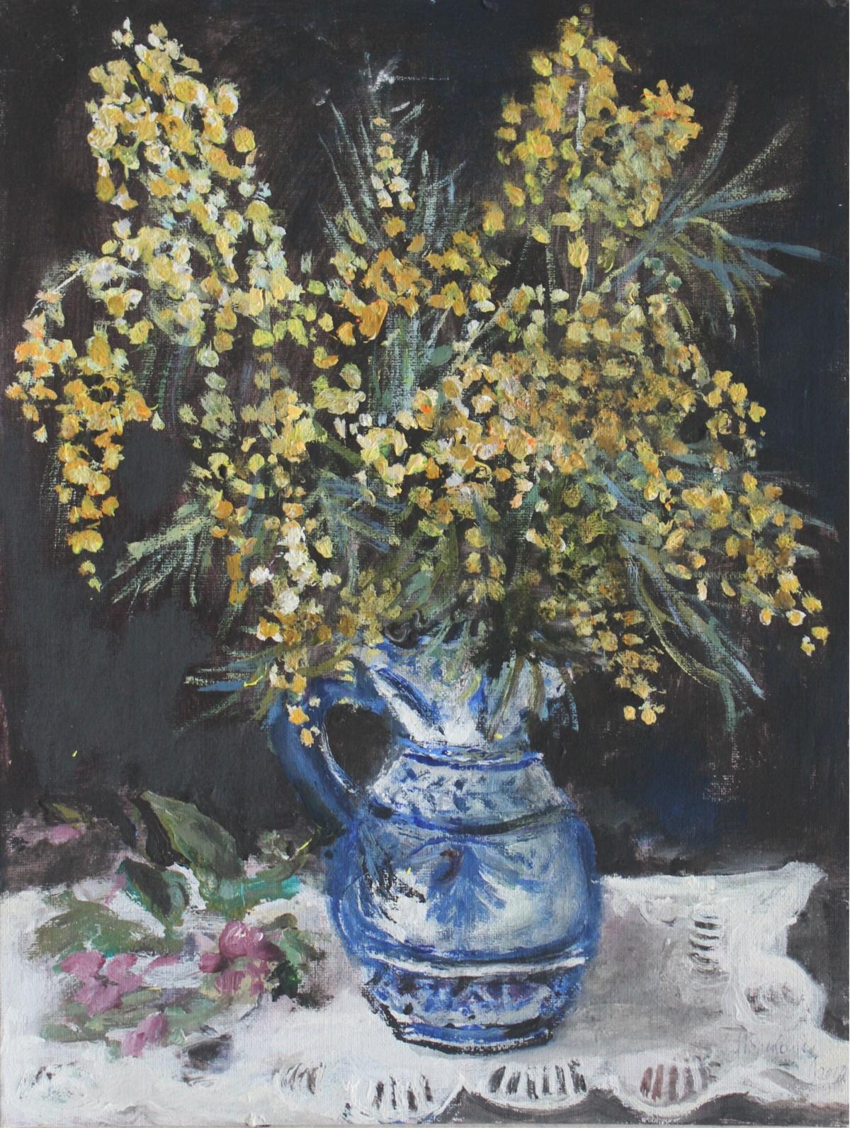 Magdalena Spasowicz Still-Life Painting - Yellow flowers - XXI century, Oil painting, Figurative, Grey tones, Still life