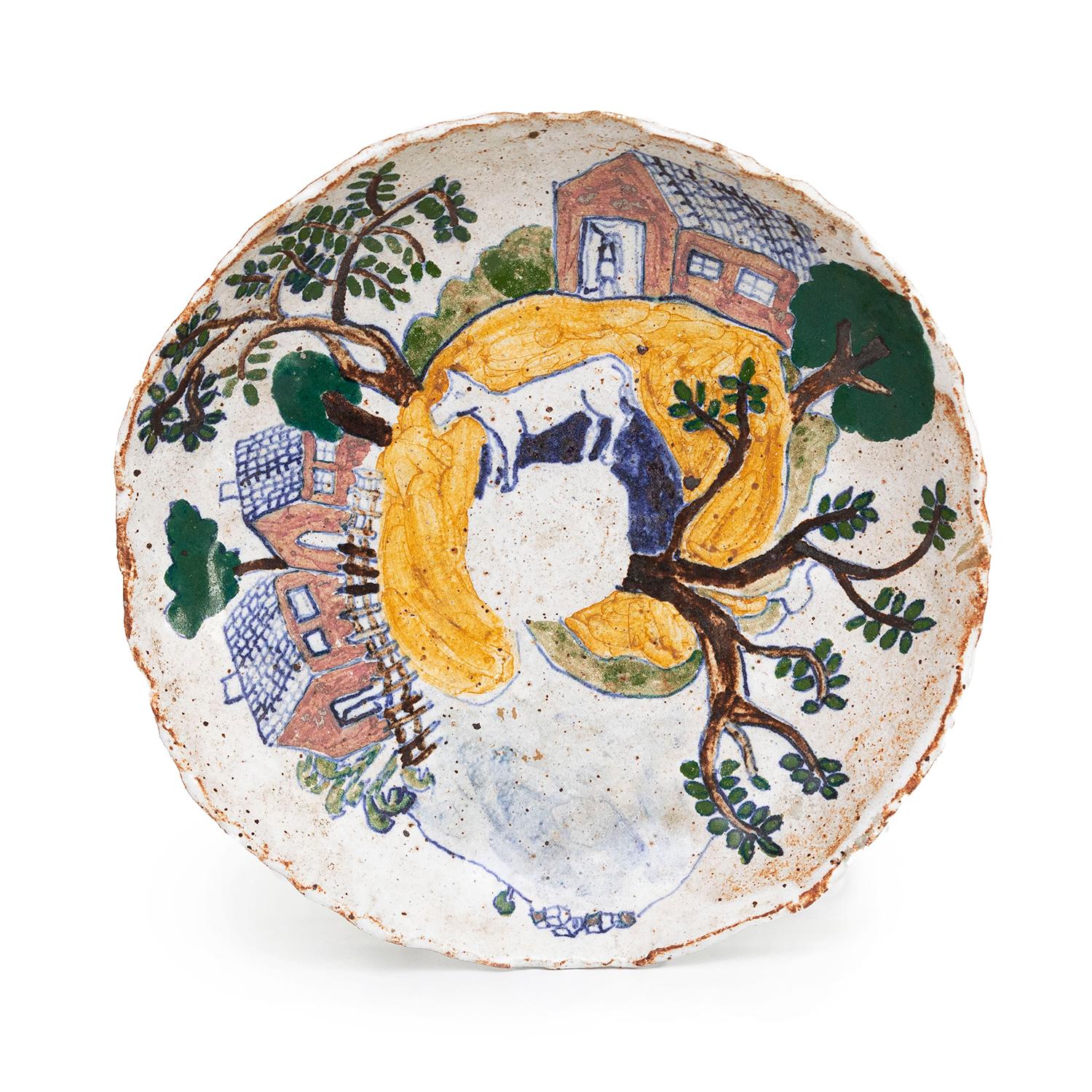 Magdalena Suarez Frimkess
Country Scene Saucer (INV# NP3433)
stoneware, underglaze and glaze
1984
signed

Magdalena Suarez Frimkess and Michael Frimkess began working together in 1963. Their fifty-eight year collaboration produced an intriguing body