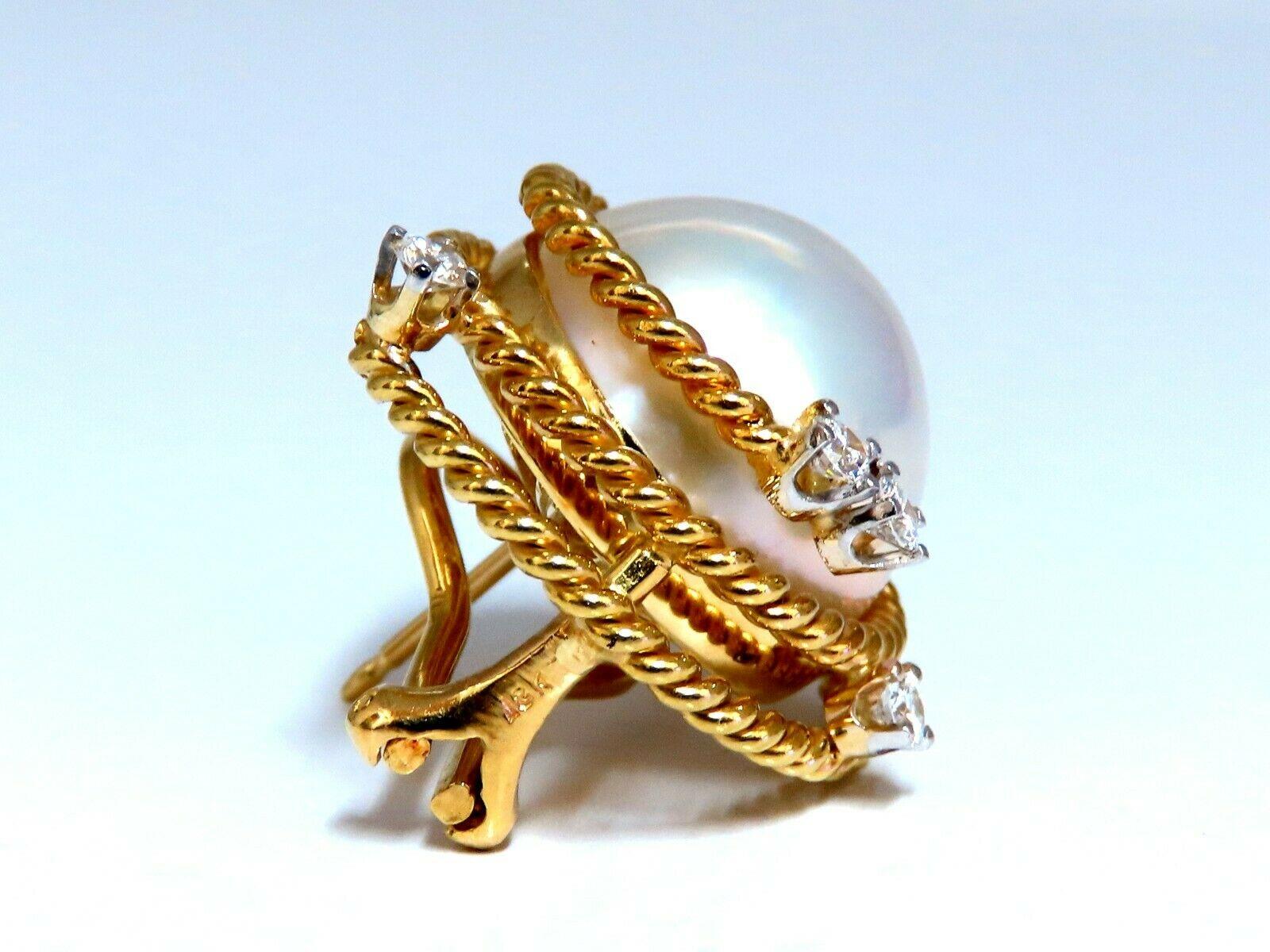 Round Cut Mage Pearls .50 Carat Diamonds Clip Earrings 18 Karat Gold