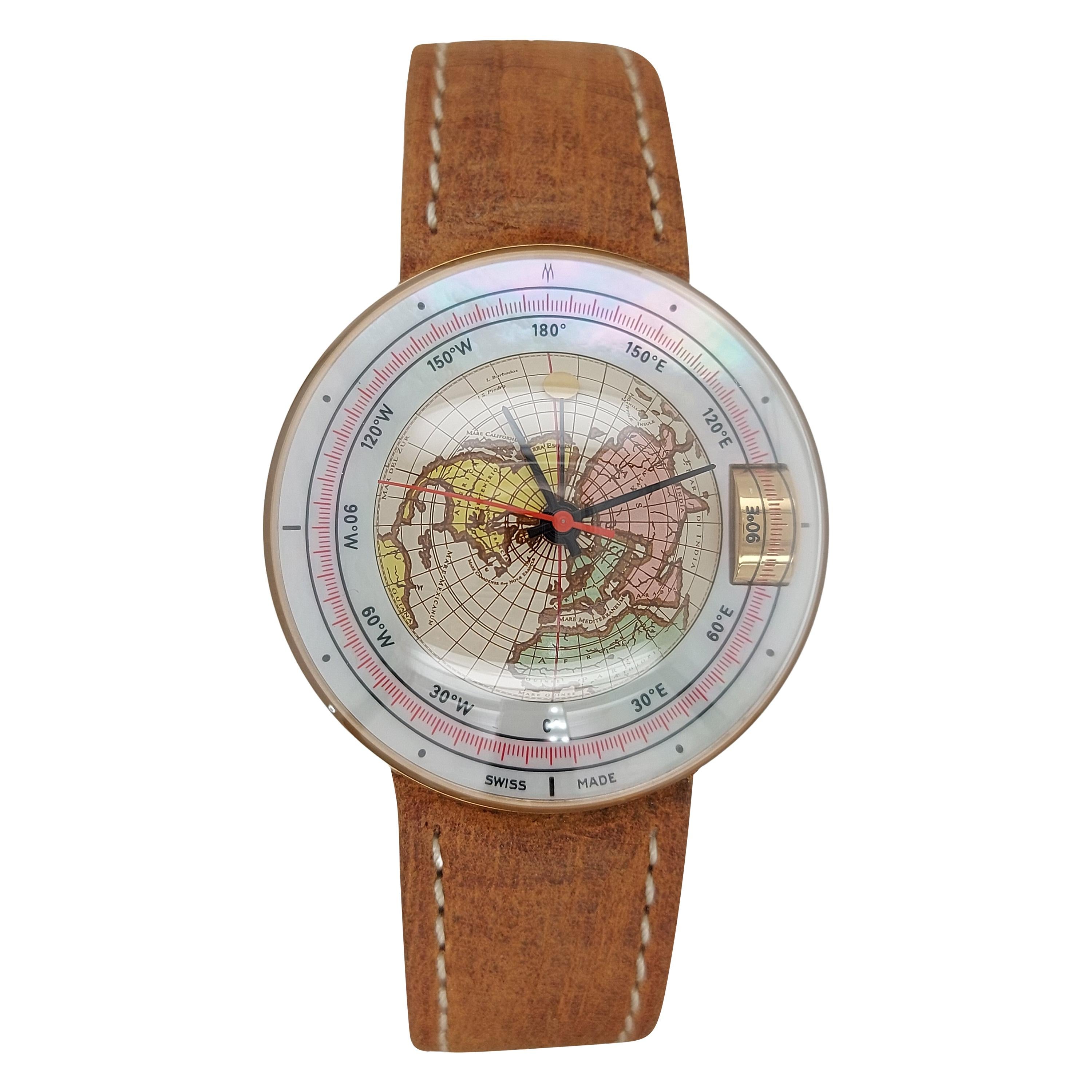 Magellan 1521 World Time Gold Watch Depicting Northern 3D Hemisphere, Automatic For Sale