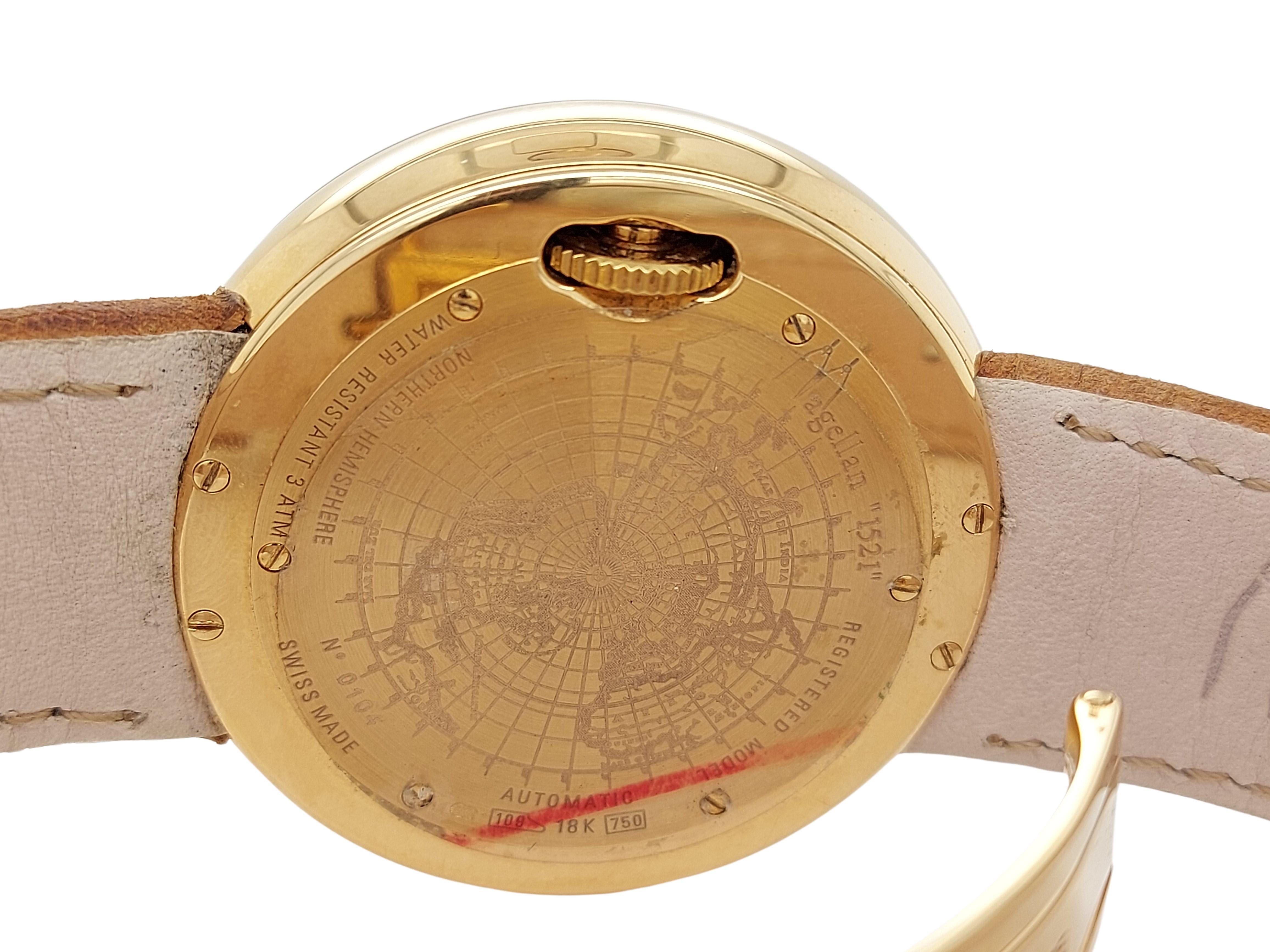 Magellan 1521 World Time Gold Watch Depicting Northern 3D Hemisphere, Automatic For Sale 3