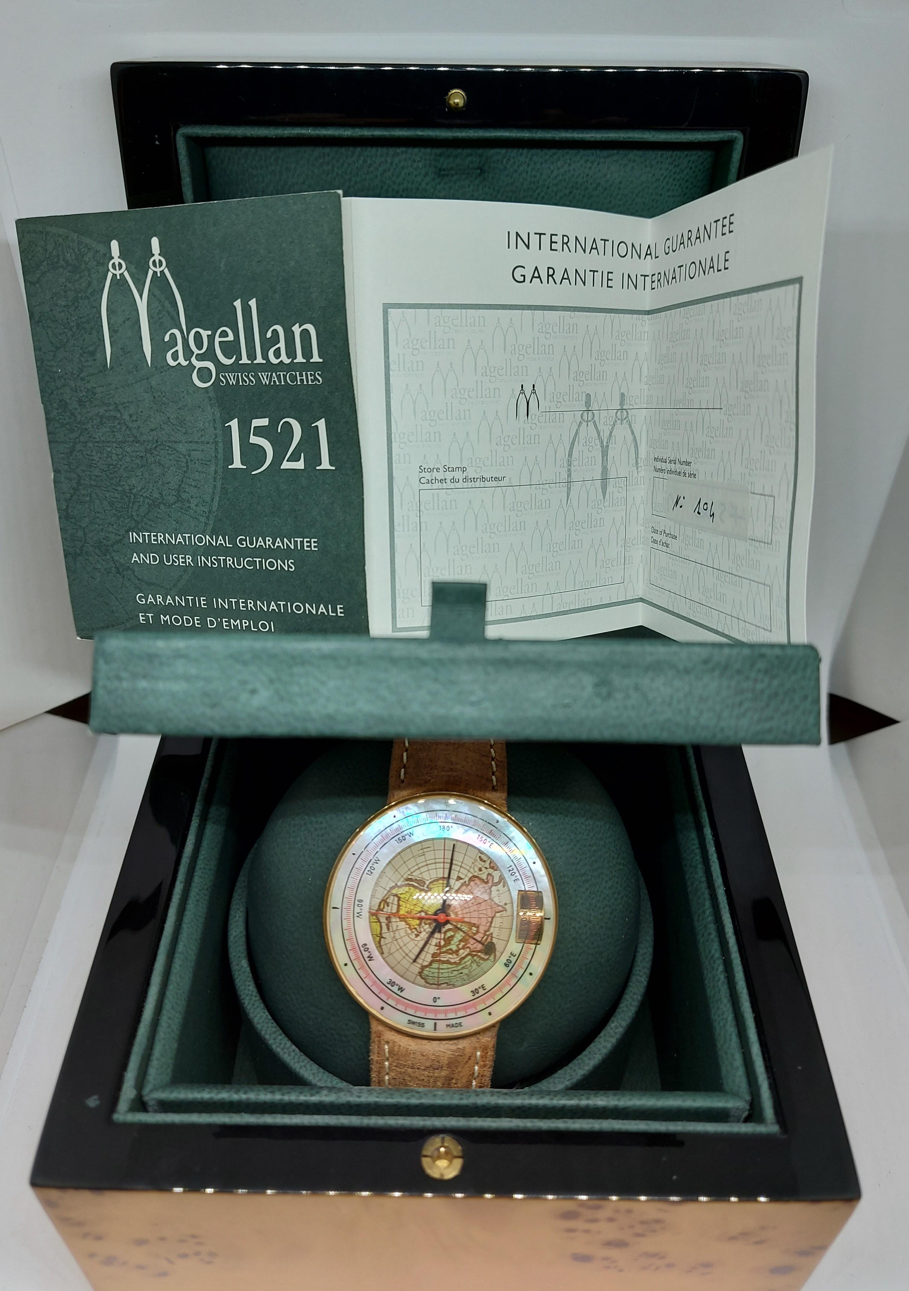 Magellan 1521 World Time Gold Watch Depicting Northern 3D Hemisphere, Automatic 8
