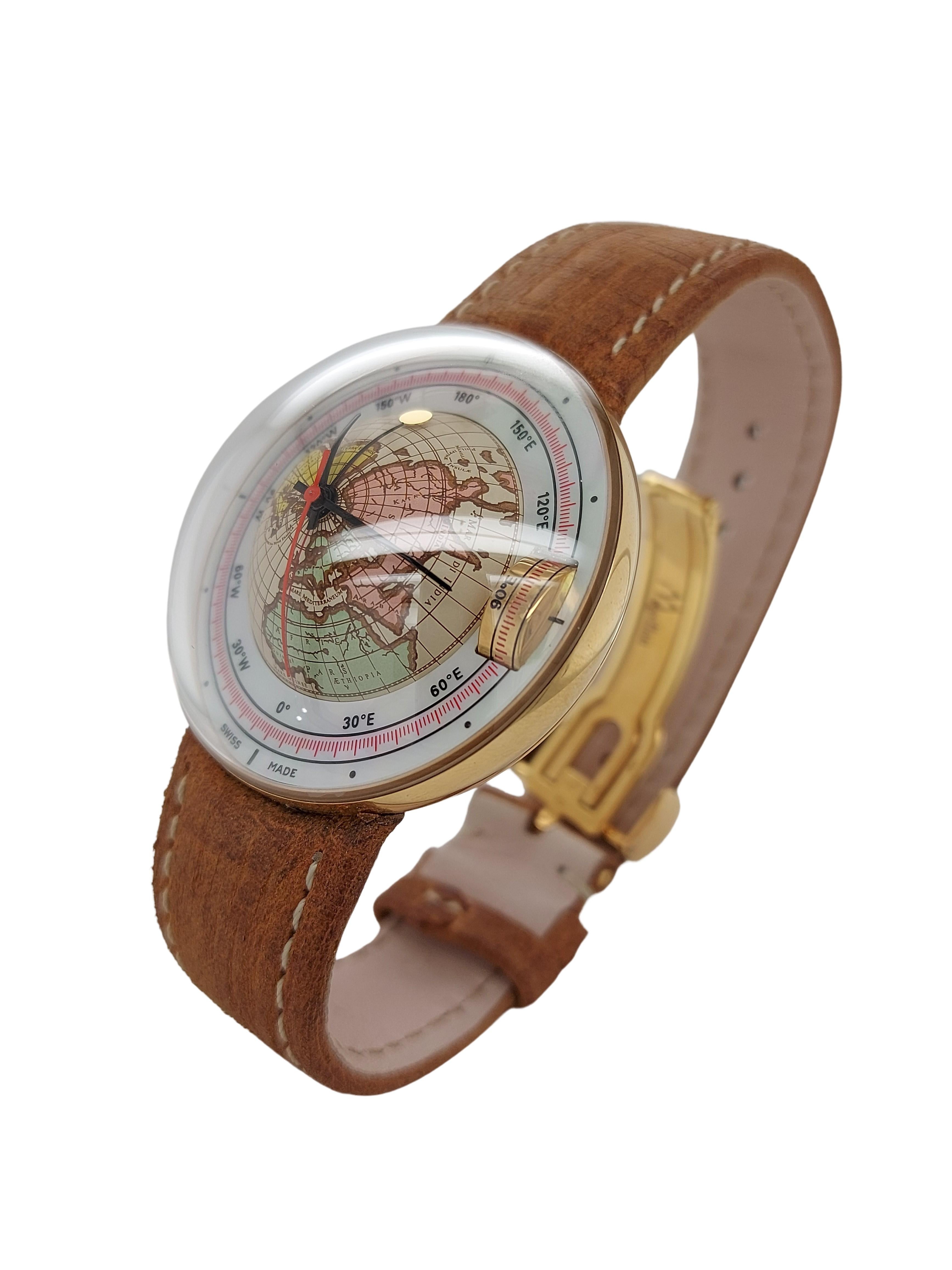 Artisan Magellan 1521 World Time Gold Watch Depicting Northern 3D Hemisphere, Automatic For Sale