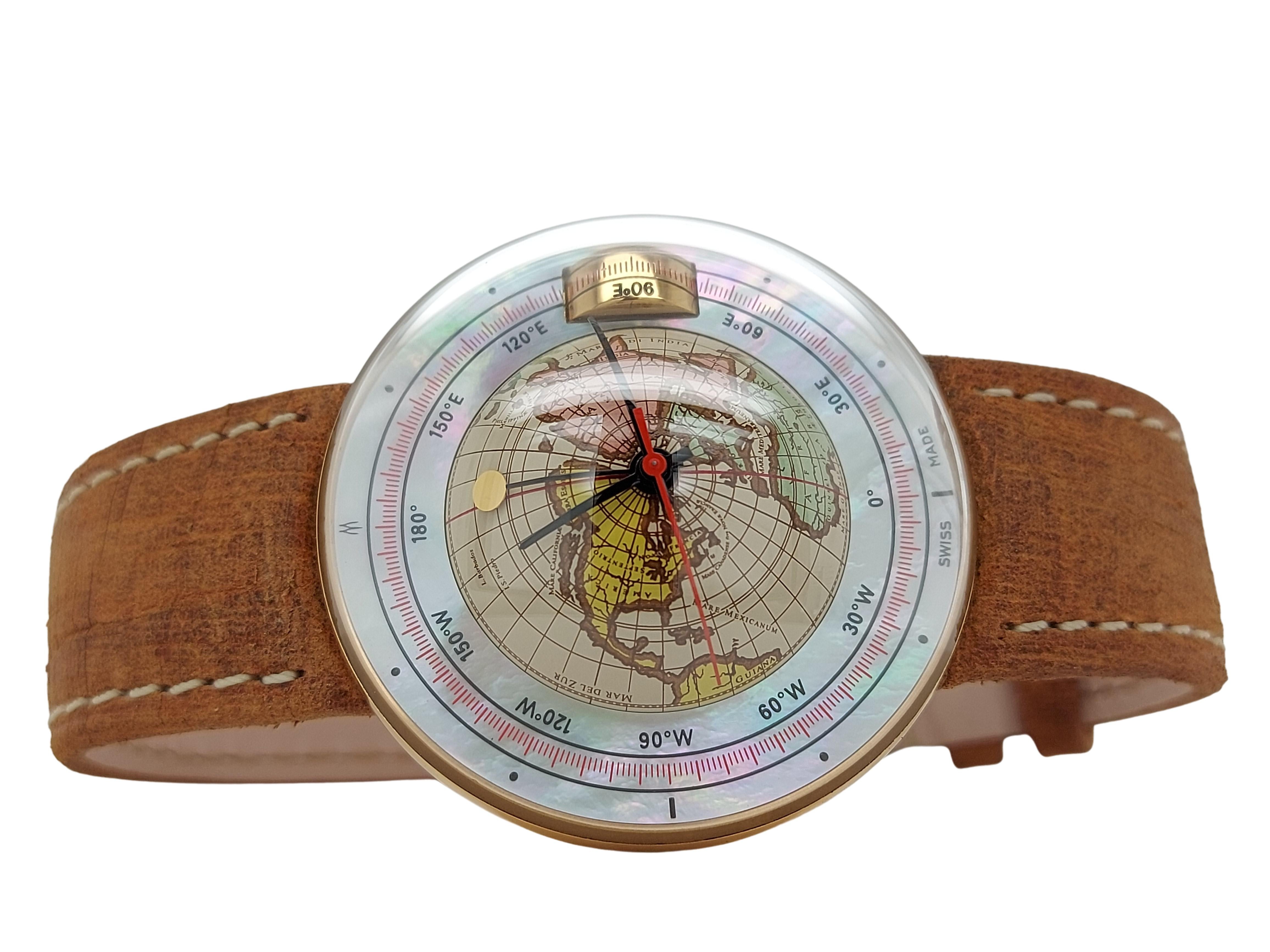Women's or Men's Magellan 1521 World Time Gold Watch Depicting Northern 3D Hemisphere, Automatic