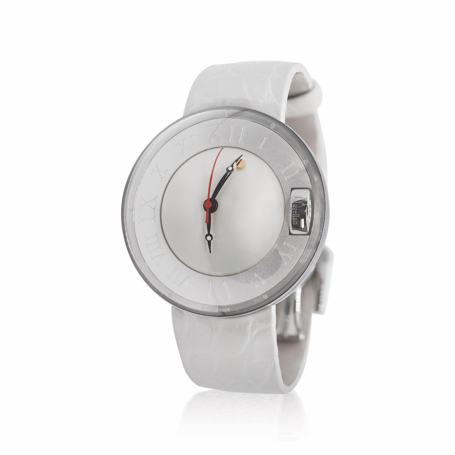 Magellan PEARL TIME watch in polished 316L steel, engraved and screwed back case. Patented integrated crown in polished steel. Unique anti-reflective, hand polished spherical sapphire glass. Pearl Time globe with roman figures. White dial with roman
