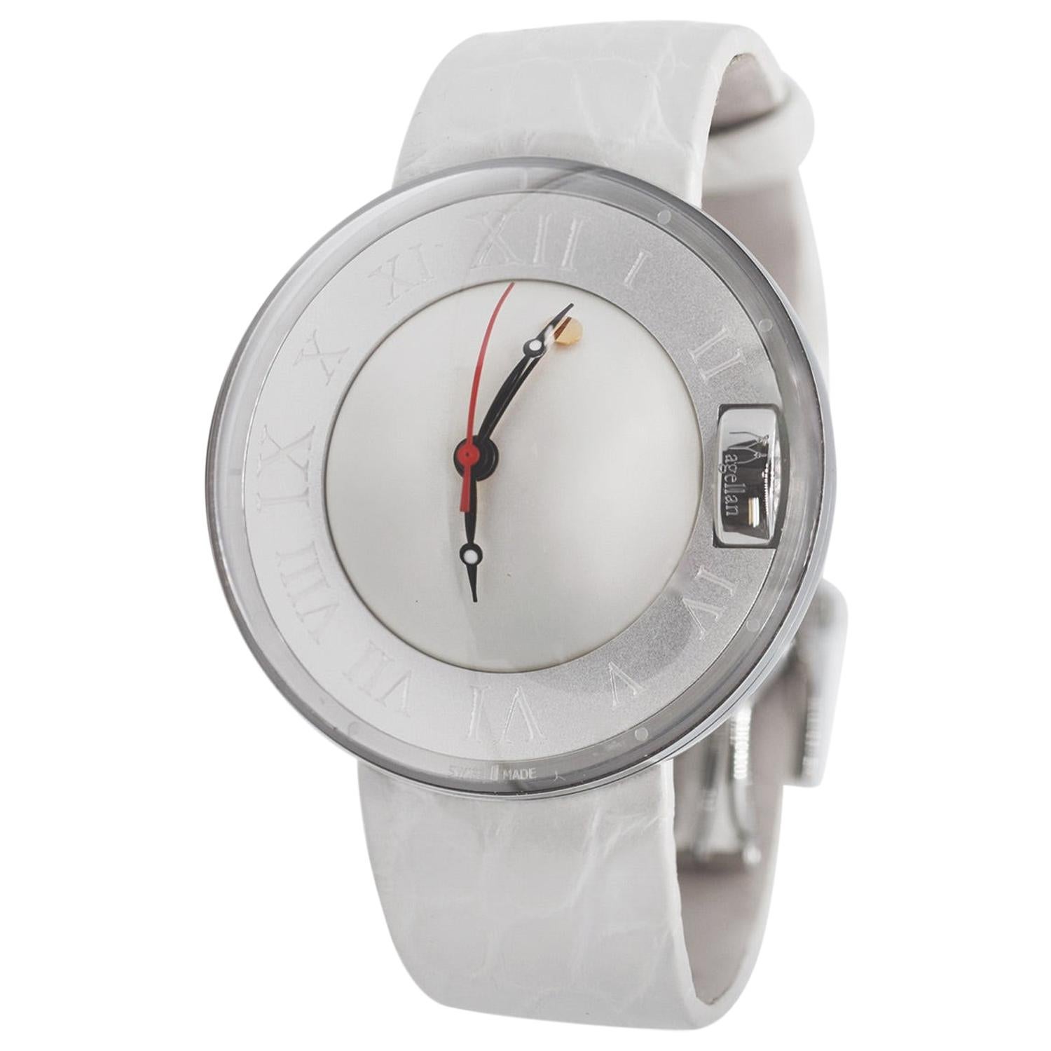 Magellan Pearl Time Watch in Polished 316L Steel, Engraved and Screwed Back Case For Sale