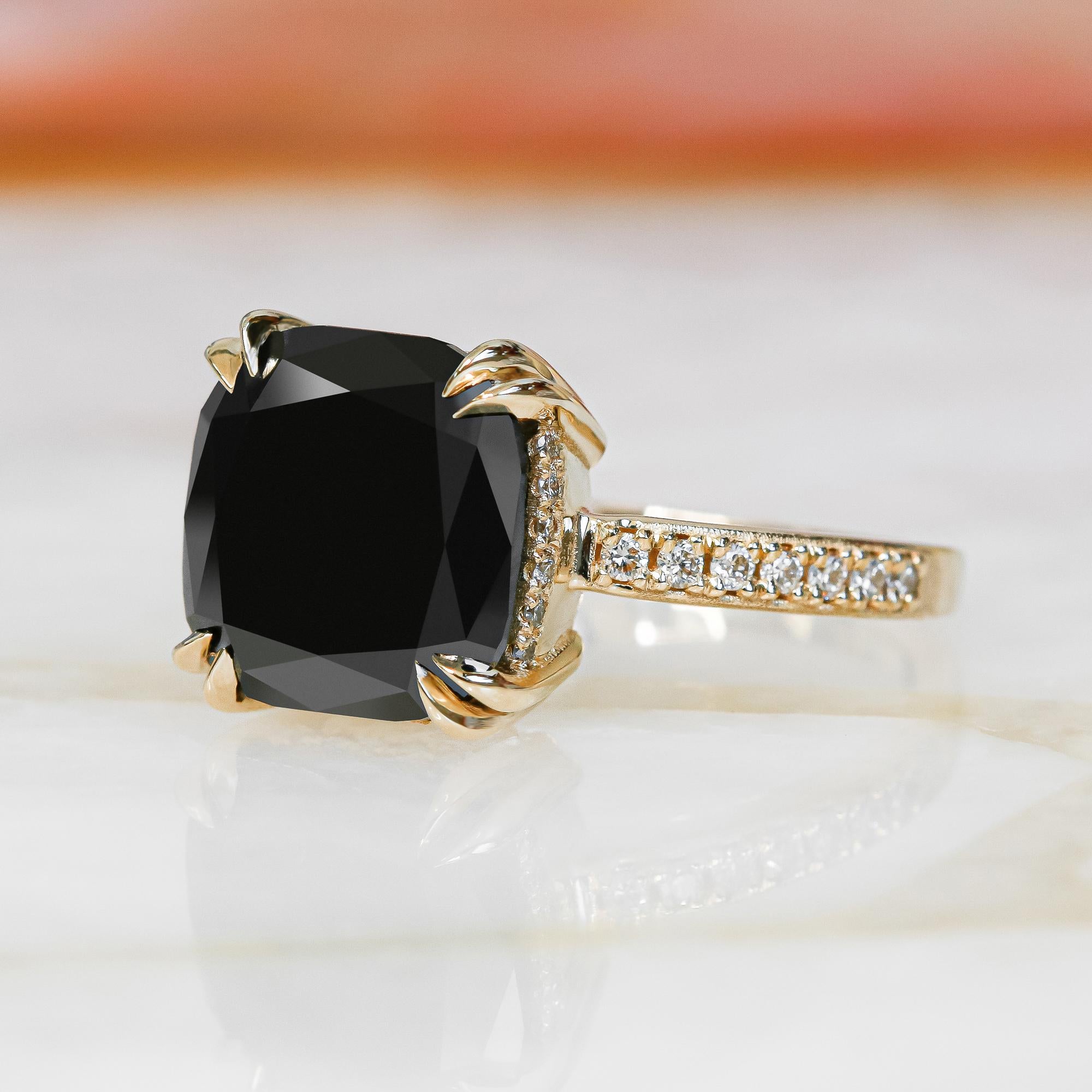 -Total Carat Weight: 4.89  Carats
-14K yellow Gold
-Size: Resizable

Notes:
- All diamonds are natural, earth-mined diamonds that were suitable for Color Enhancement into Fancy Black color.
- All Jewelry are made to order hence any size and gold