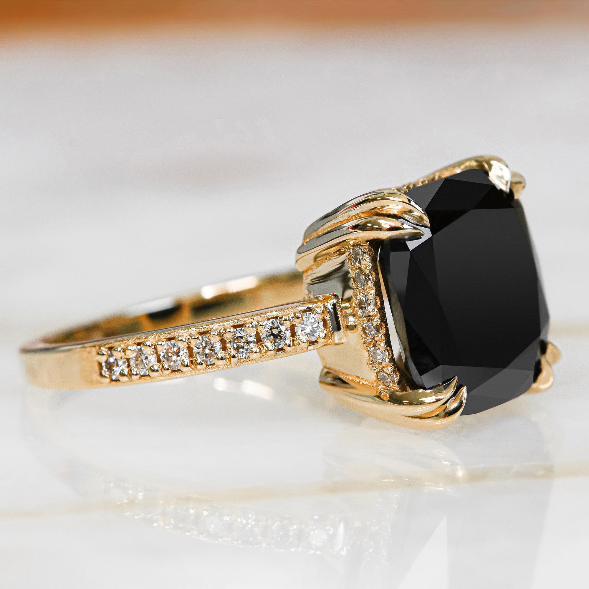 Women's Magellanic Cloud Art Deco Natural Black Diamond Cushion Engagement Ring For Sale