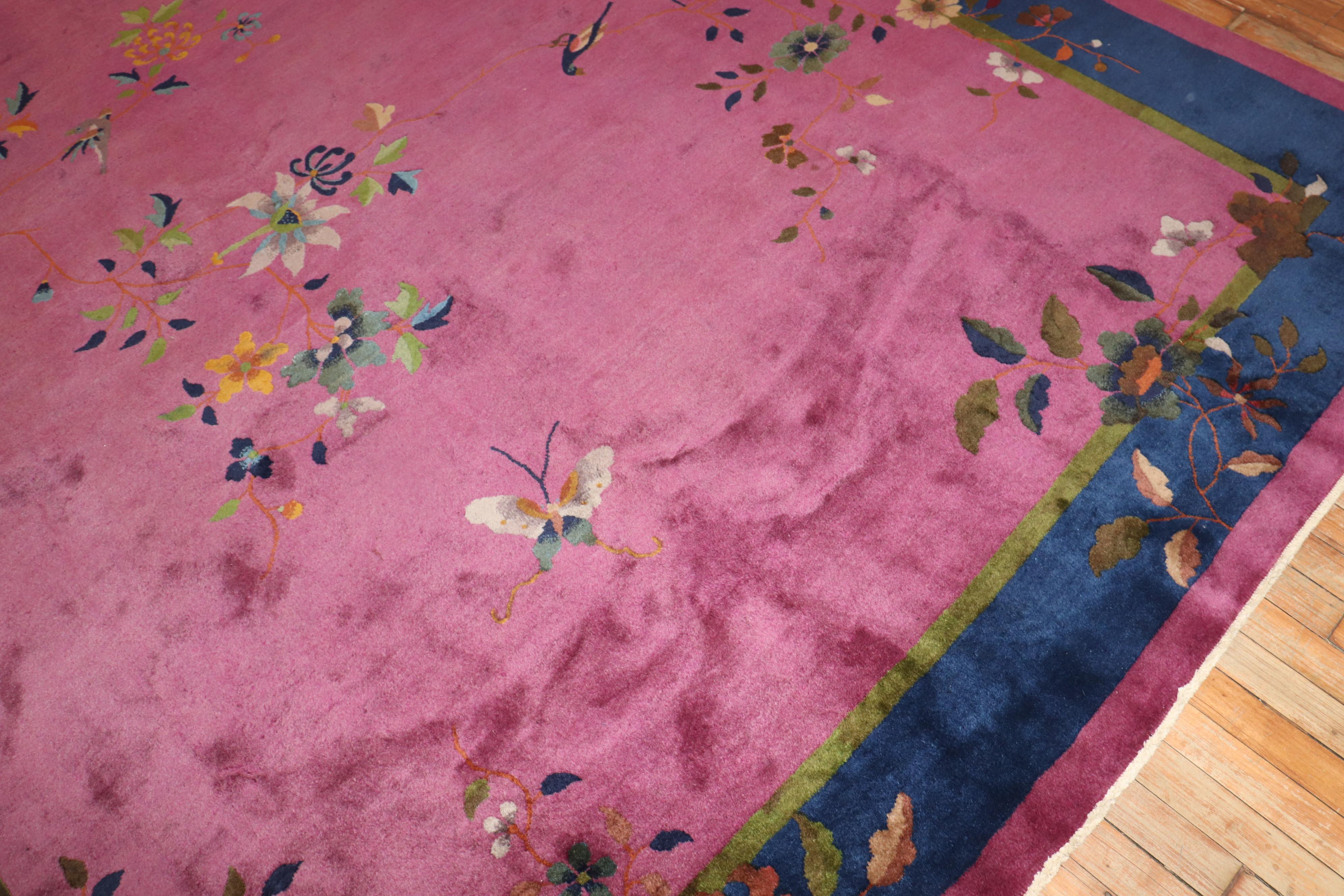 Chinese Chippendale Magenta Antique Chinese Art Deco Carpet For Sale
