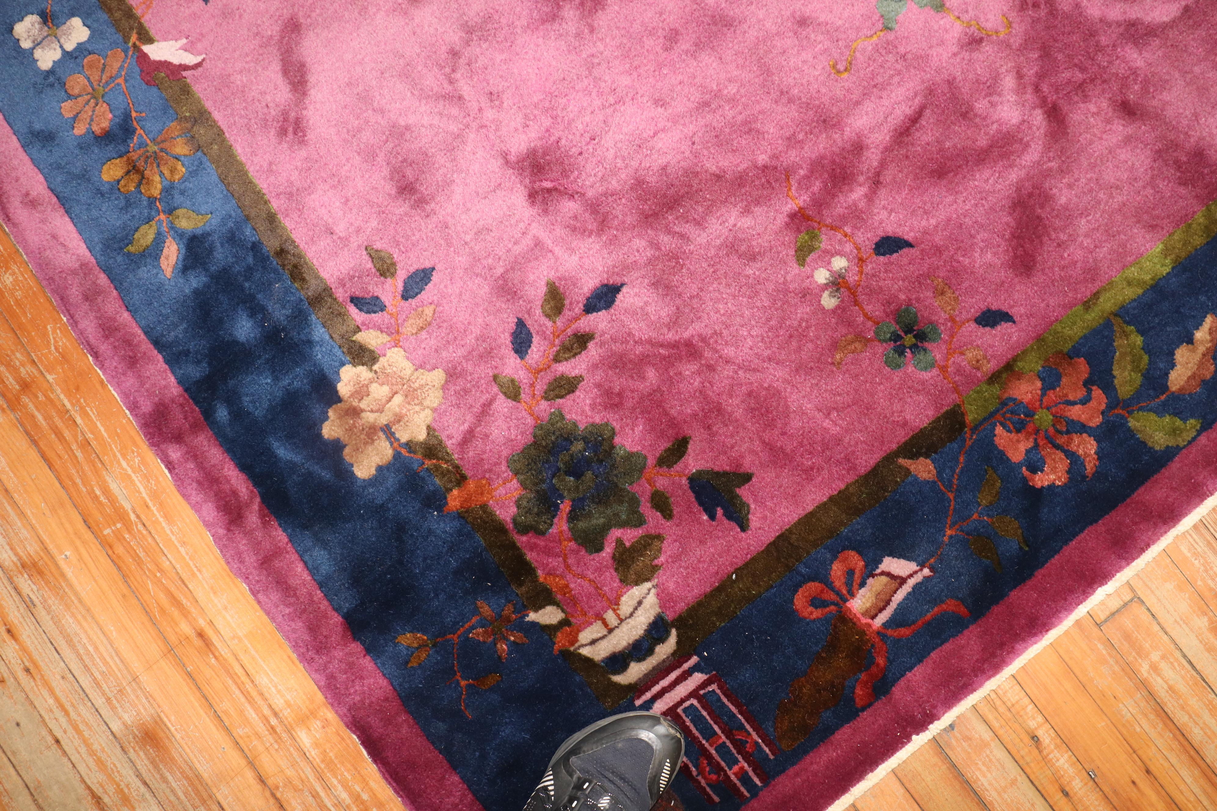 Hand-Knotted Magenta Antique Chinese Art Deco Carpet For Sale
