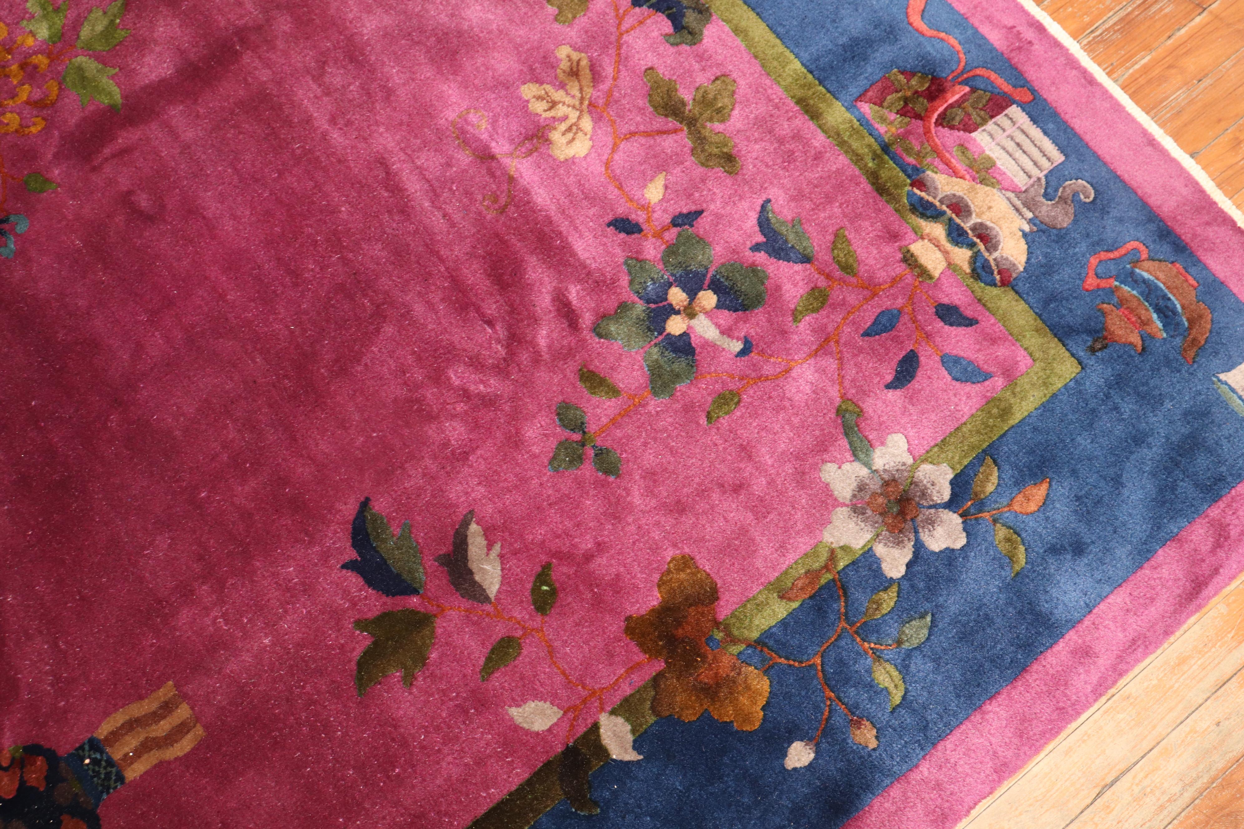 Wool Magenta Antique Chinese Art Deco Carpet For Sale