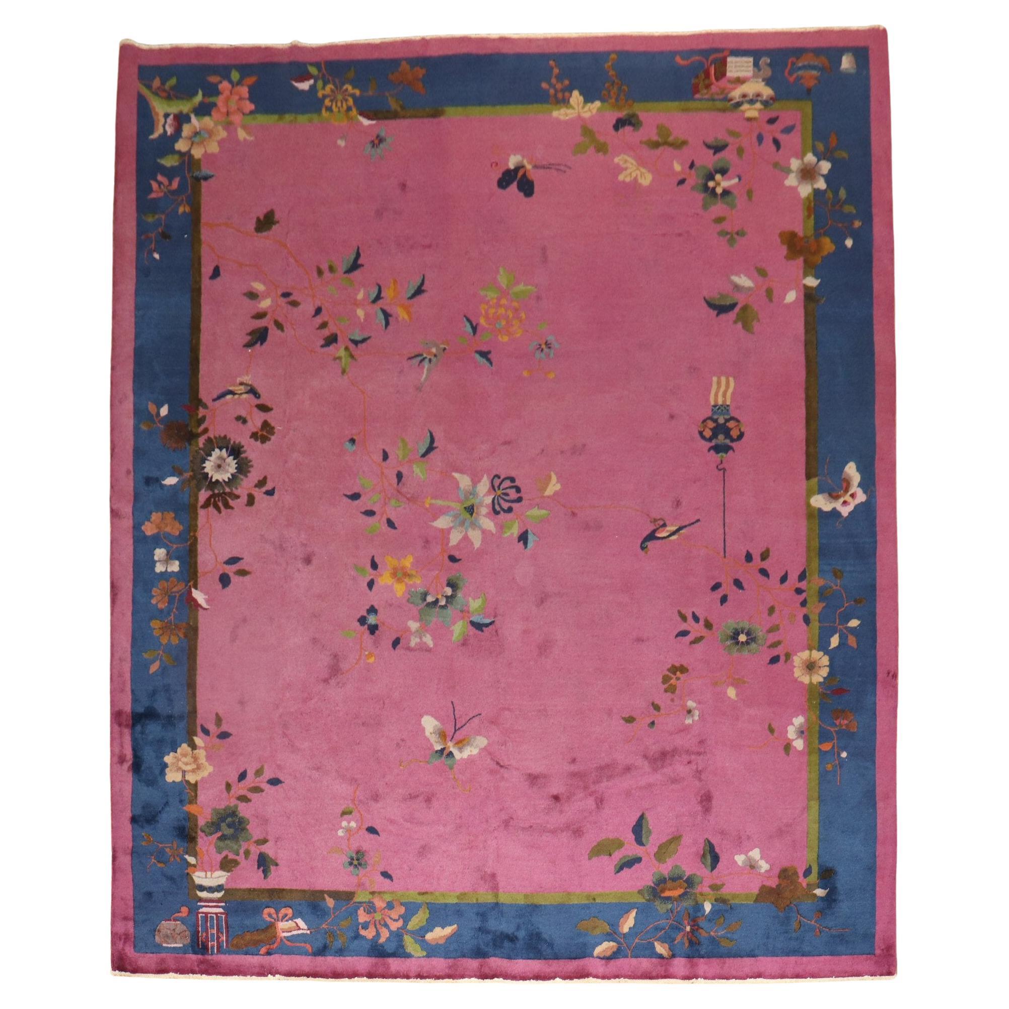 Tapis Art Déco chinois ancien magenta