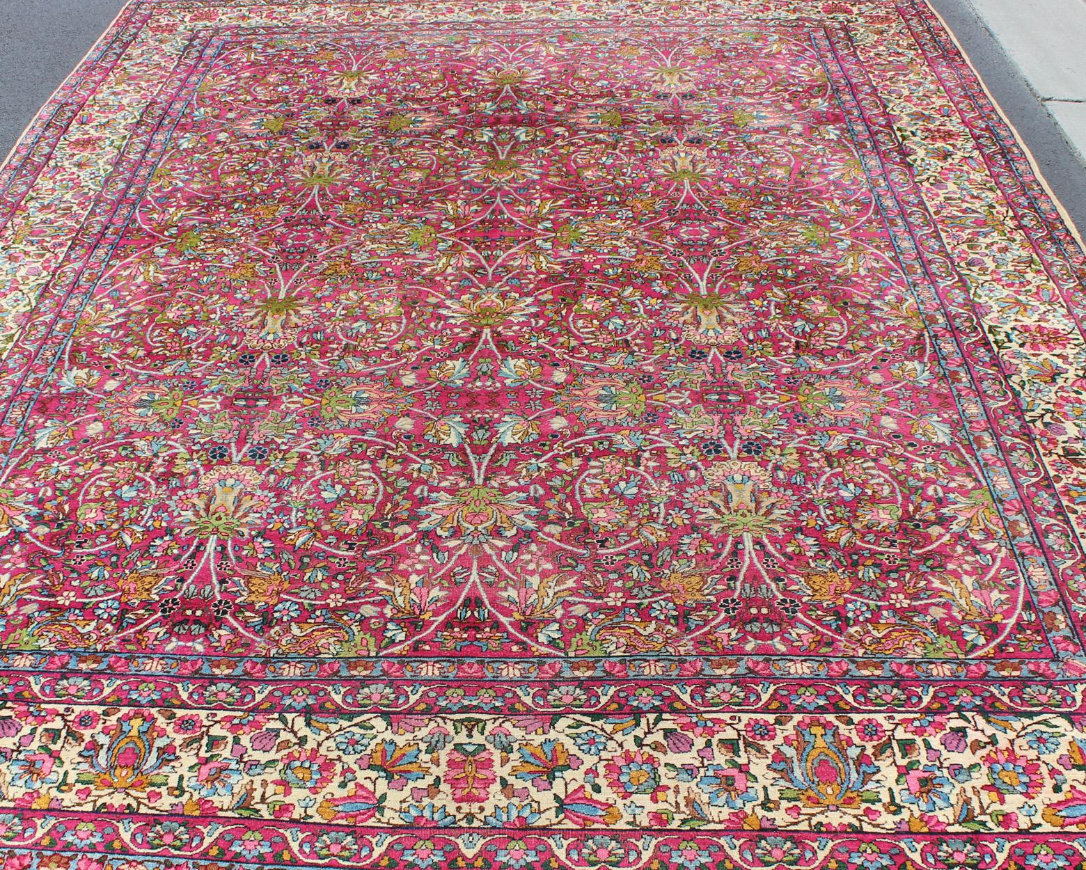 Magenta Antique Persian Lavar Kerman Rug with All-Over Floral Design ...
