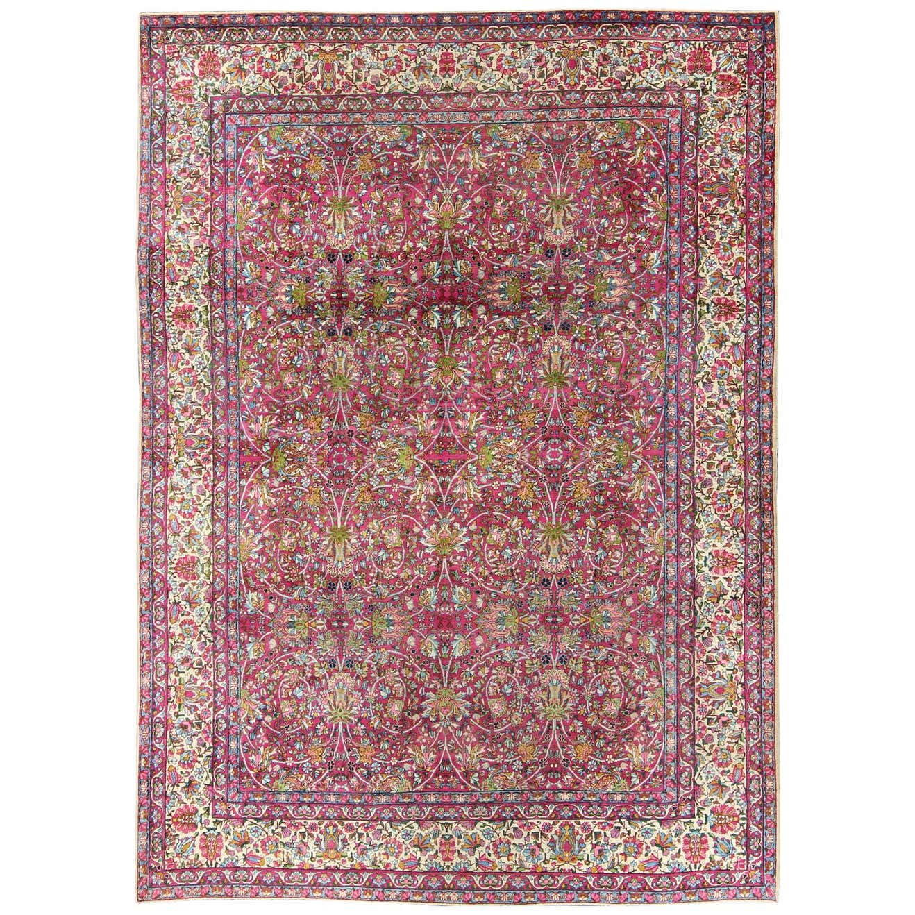 Magenta Antique Persian Lavar Kerman Rug with All-Over Floral Design ...