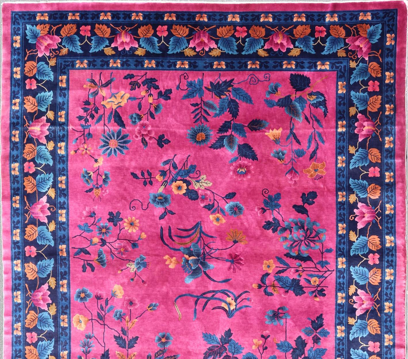 Magenta Background Chinese Art Deco Rug with Large Vining Flowers and Leaves  For Sale 4