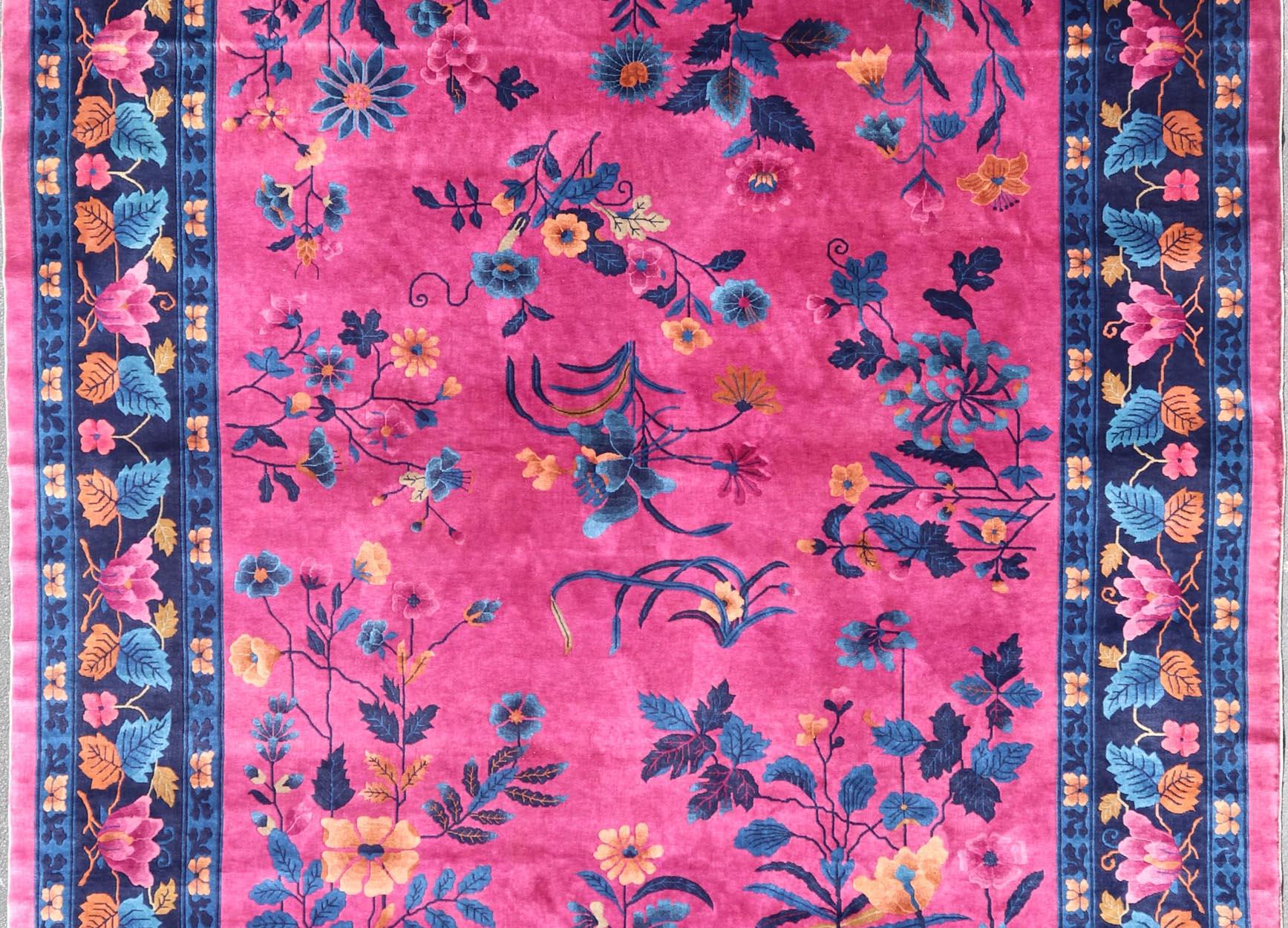 Magenta Background Chinese Art Deco Rug with Large Vining Flowers and Leaves  For Sale 5
