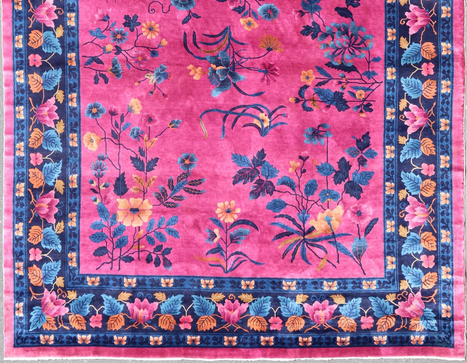 Magenta Background Chinese Art Deco Rug with Large Vining Flowers and Leaves  For Sale 6