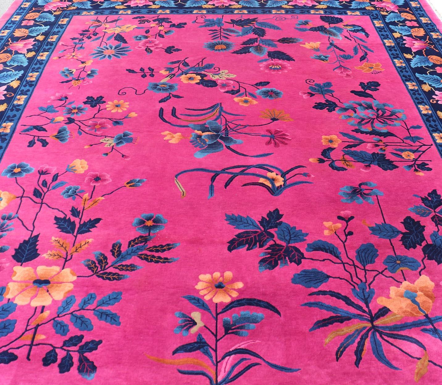 Magenta Background Chinese Art Deco Rug with Large Vining Flowers and Leaves  For Sale 8