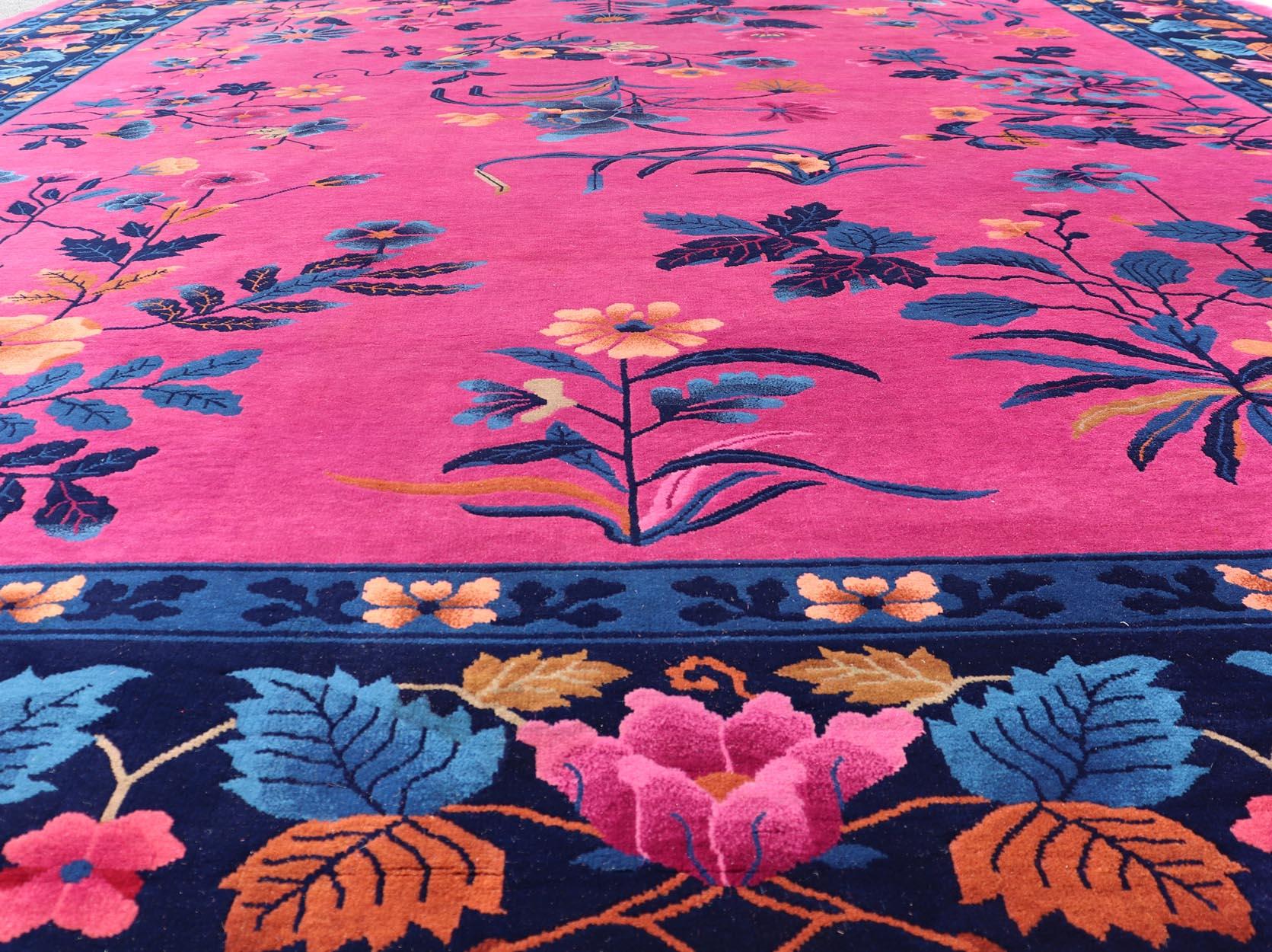 Magenta Background Chinese Art Deco Rug with Large Vining Flowers and Leaves  For Sale 9