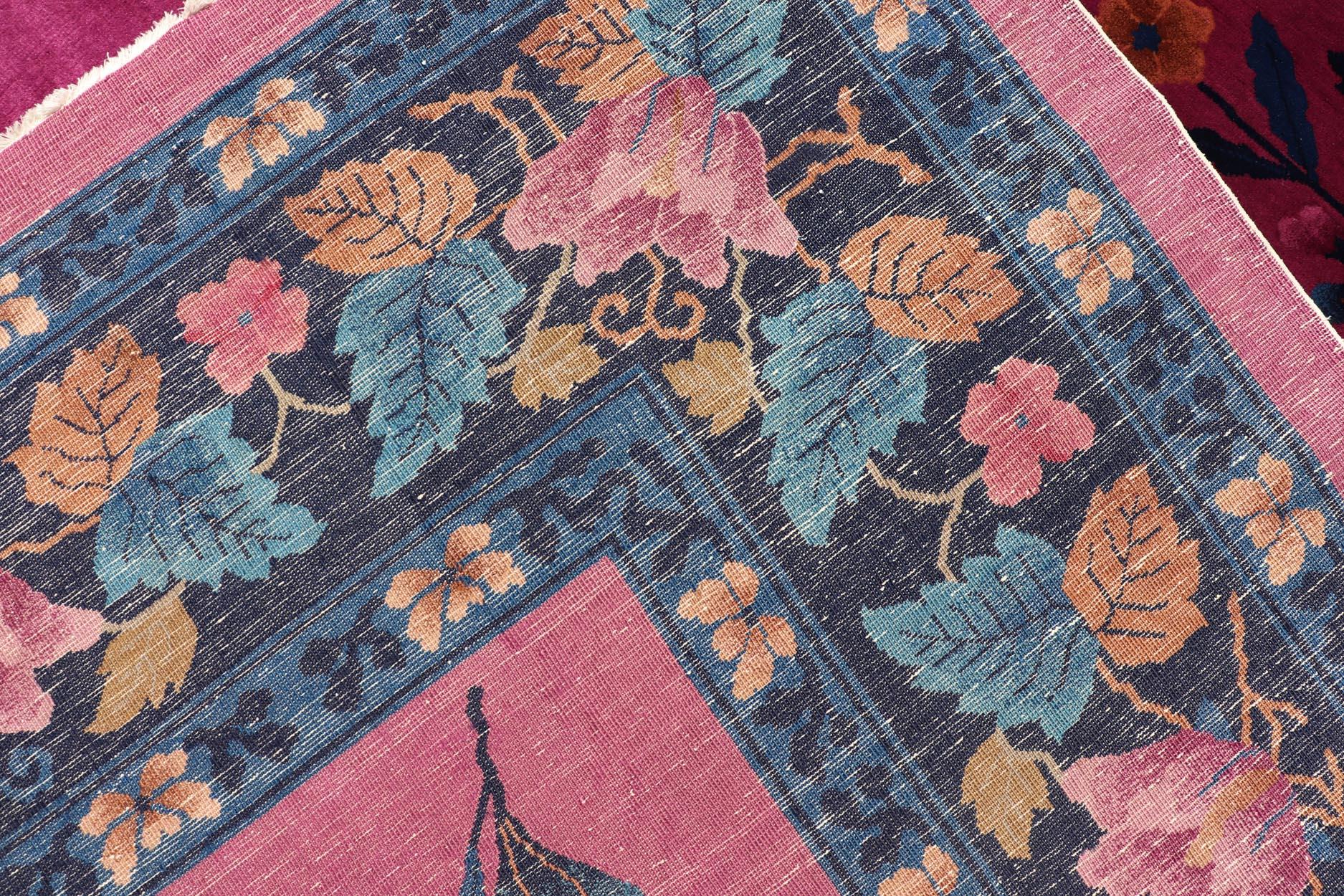 Magenta Background Chinese Art Deco Rug with Large Vining Flowers and Leaves  For Sale 11