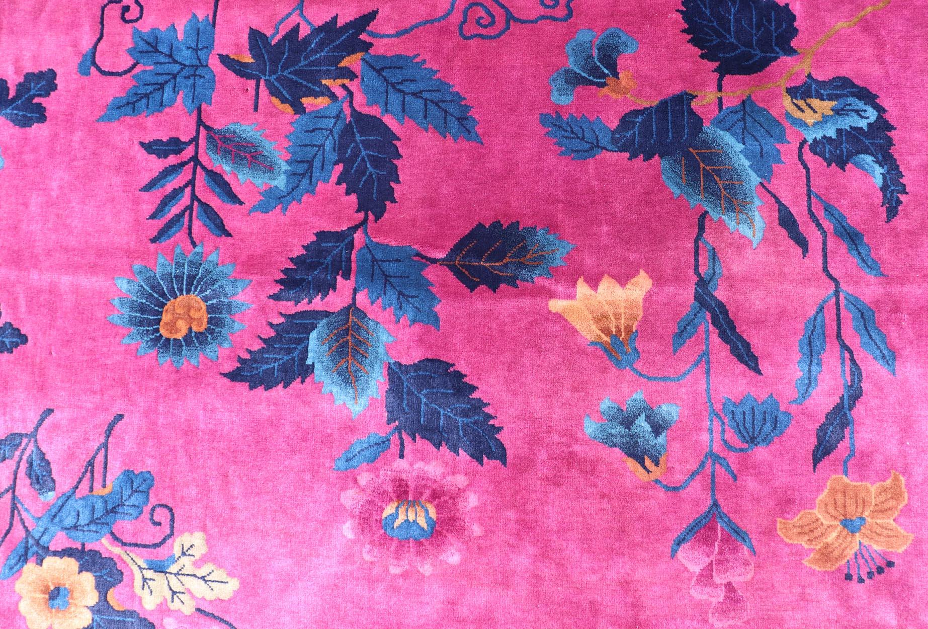 Hand-Knotted Magenta Background Chinese Art Deco Rug with Large Vining Flowers and Leaves  For Sale