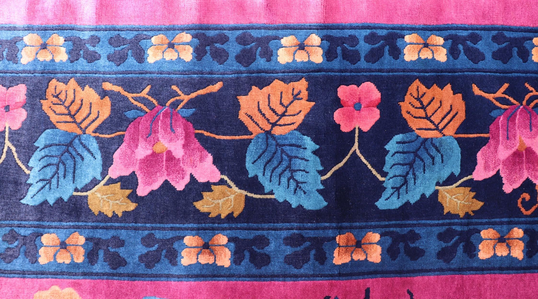 20th Century Magenta Background Chinese Art Deco Rug with Large Vining Flowers and Leaves  For Sale